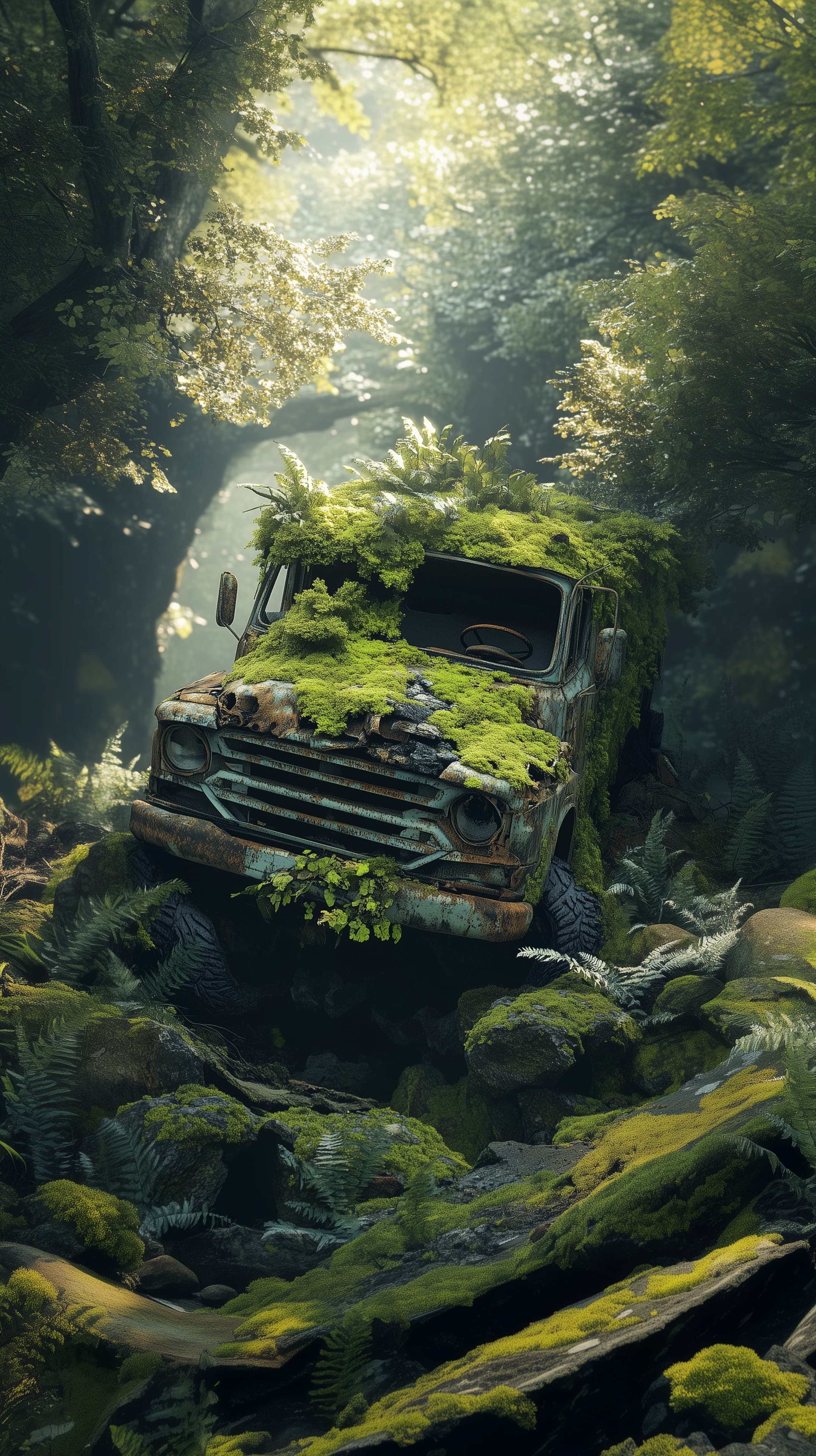 Overgrown Moss-Covered Truck in Enchanted Forest Wallpaper - High Resolution abandoned-vehicle Wallpaper for Mobile and Desktop