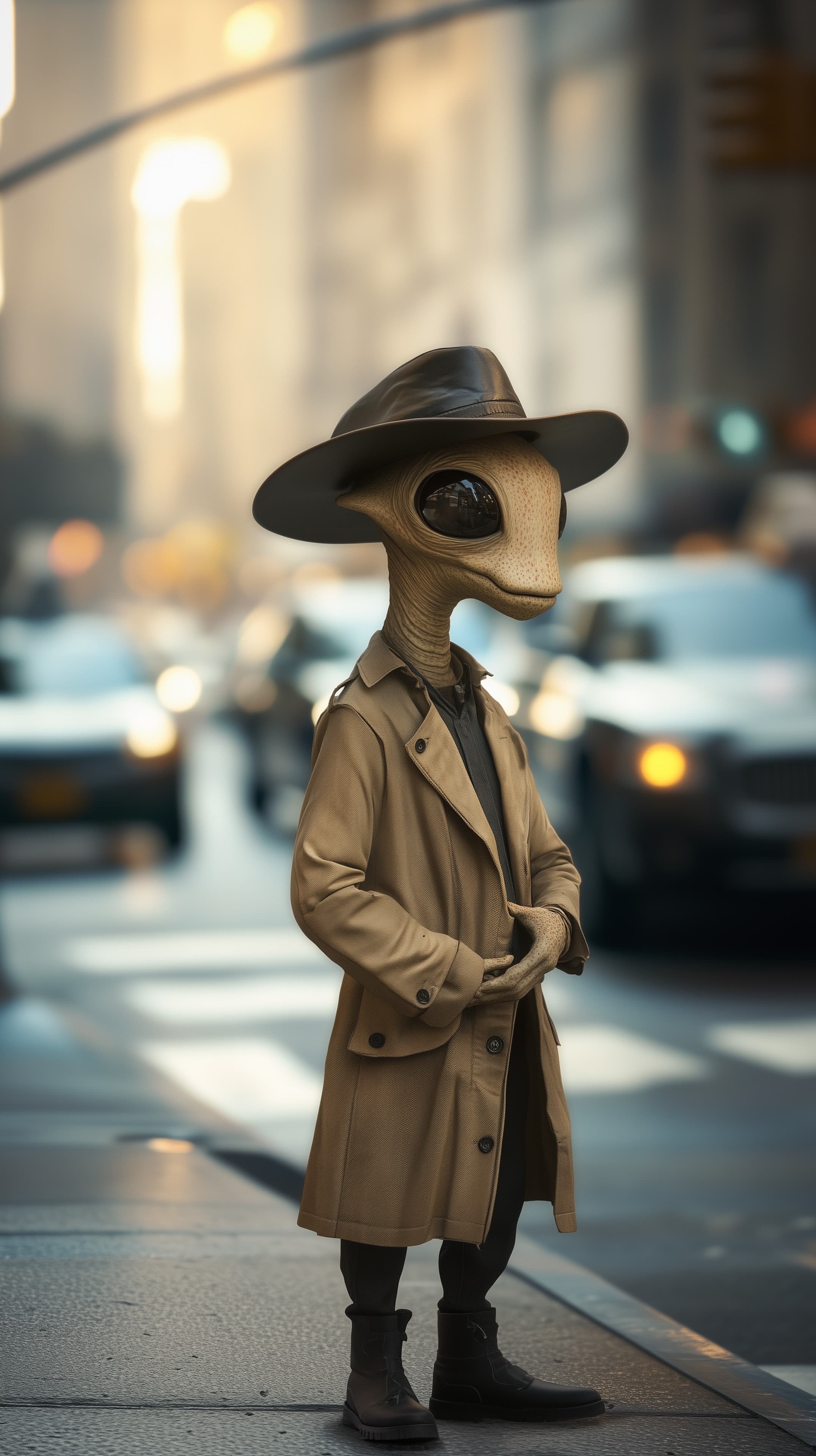 Urban Alien in Trench Coat with Wide Hat - Surreal Wallpaper - High Resolution alien Wallpaper for Mobile and Desktop