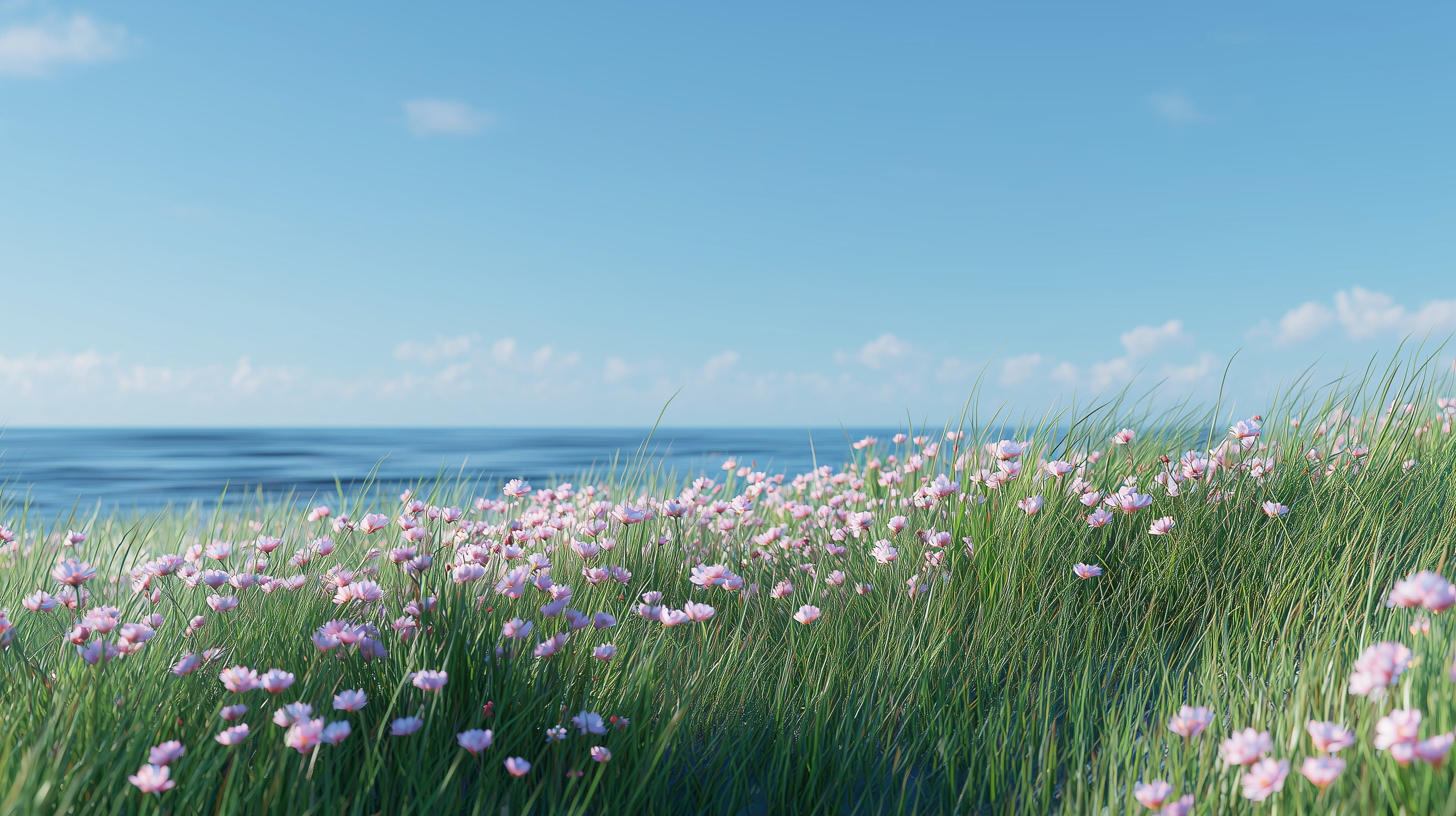Tranquil coastal meadow with pink flowers by the sea - High Resolution blue-sky Wallpaper for Mobile and Desktop