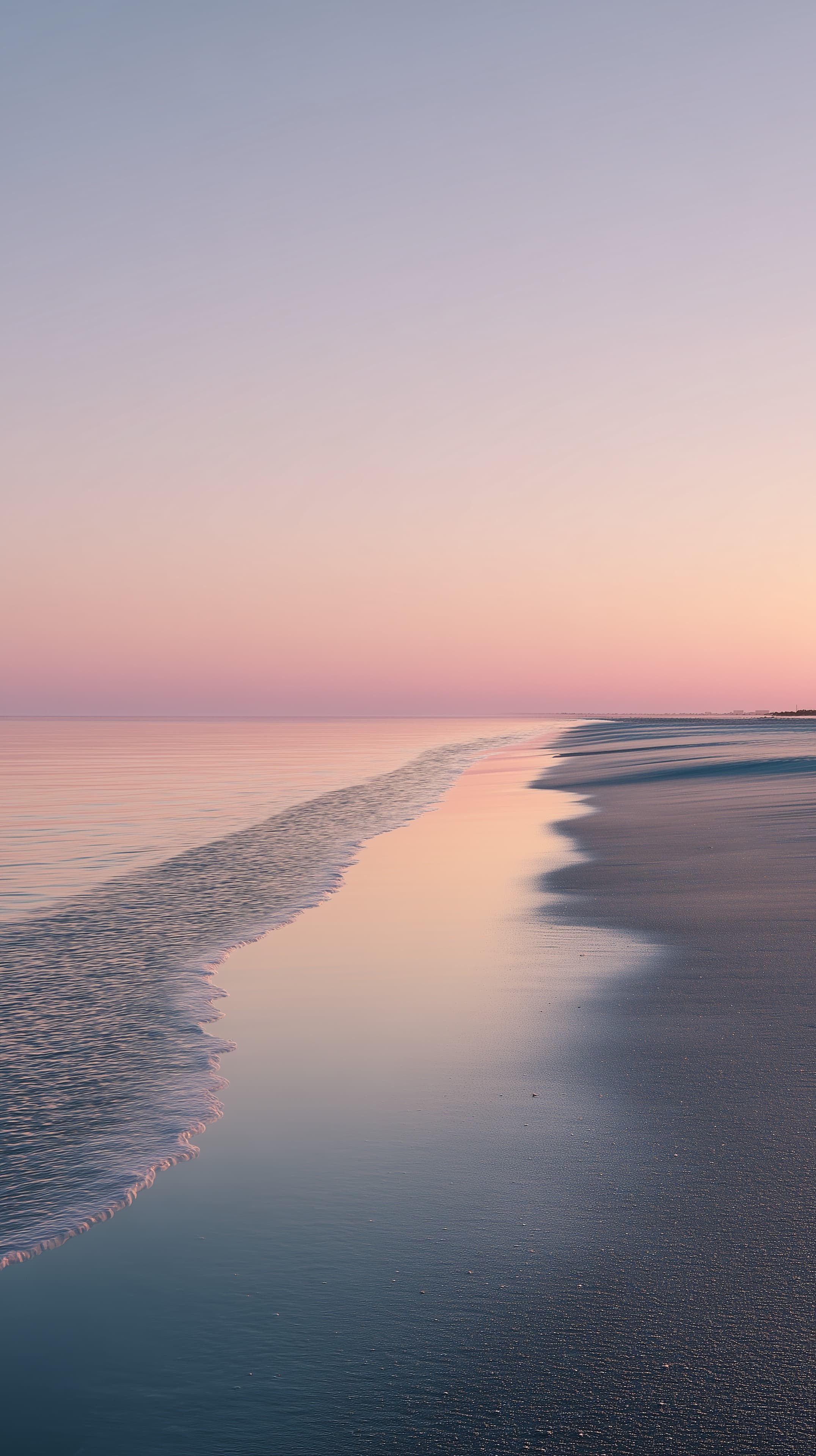 Pastel Sunset Beach Scene – Calm Shoreline at Dusk - High Resolution beach Wallpaper for Mobile and Desktop