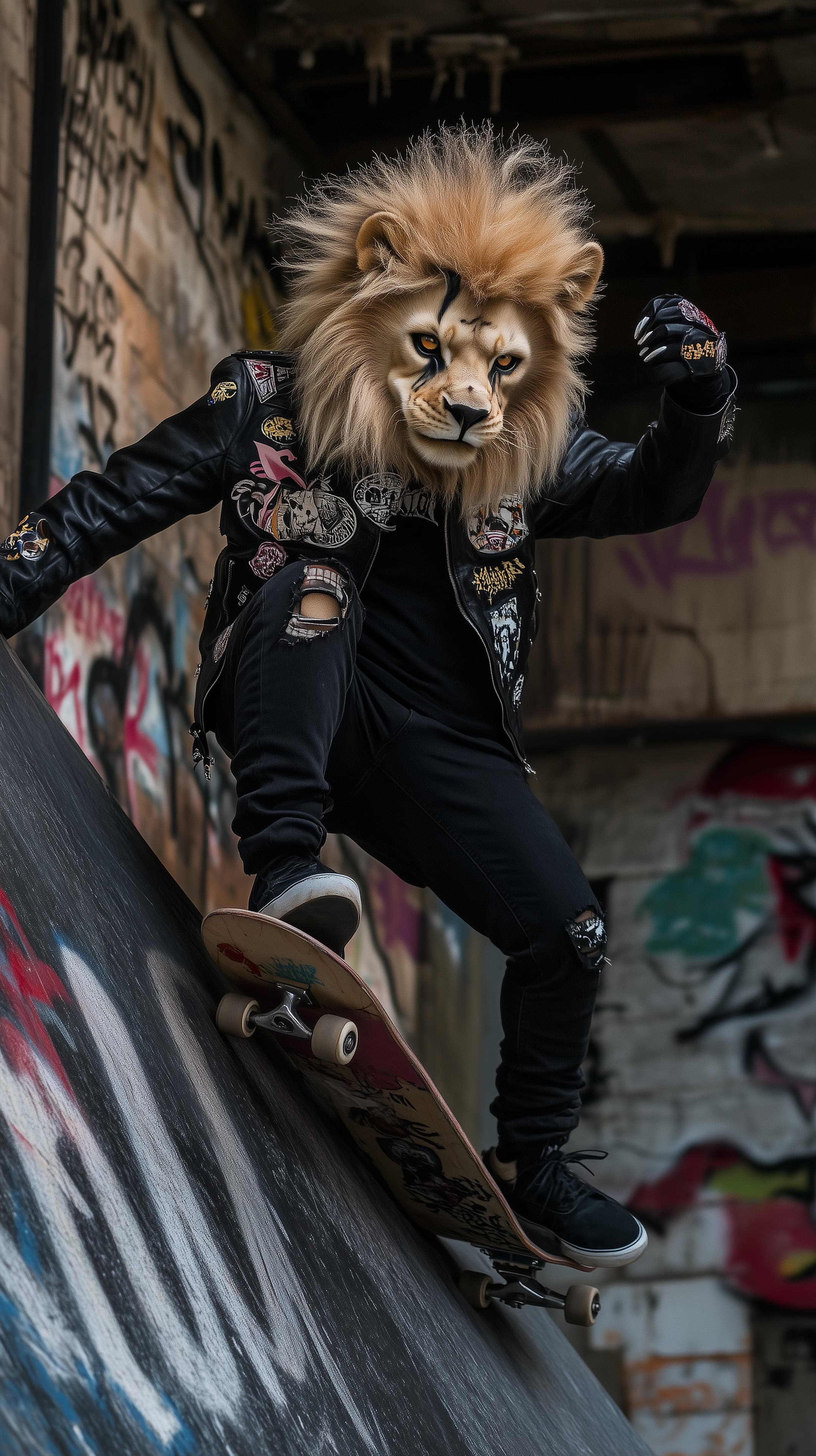 Urban Skateboarder in a Lion Mask Grinds a Graffiti Ramp - High Resolution cinematic-lighting Wallpaper for Mobile and Desktop