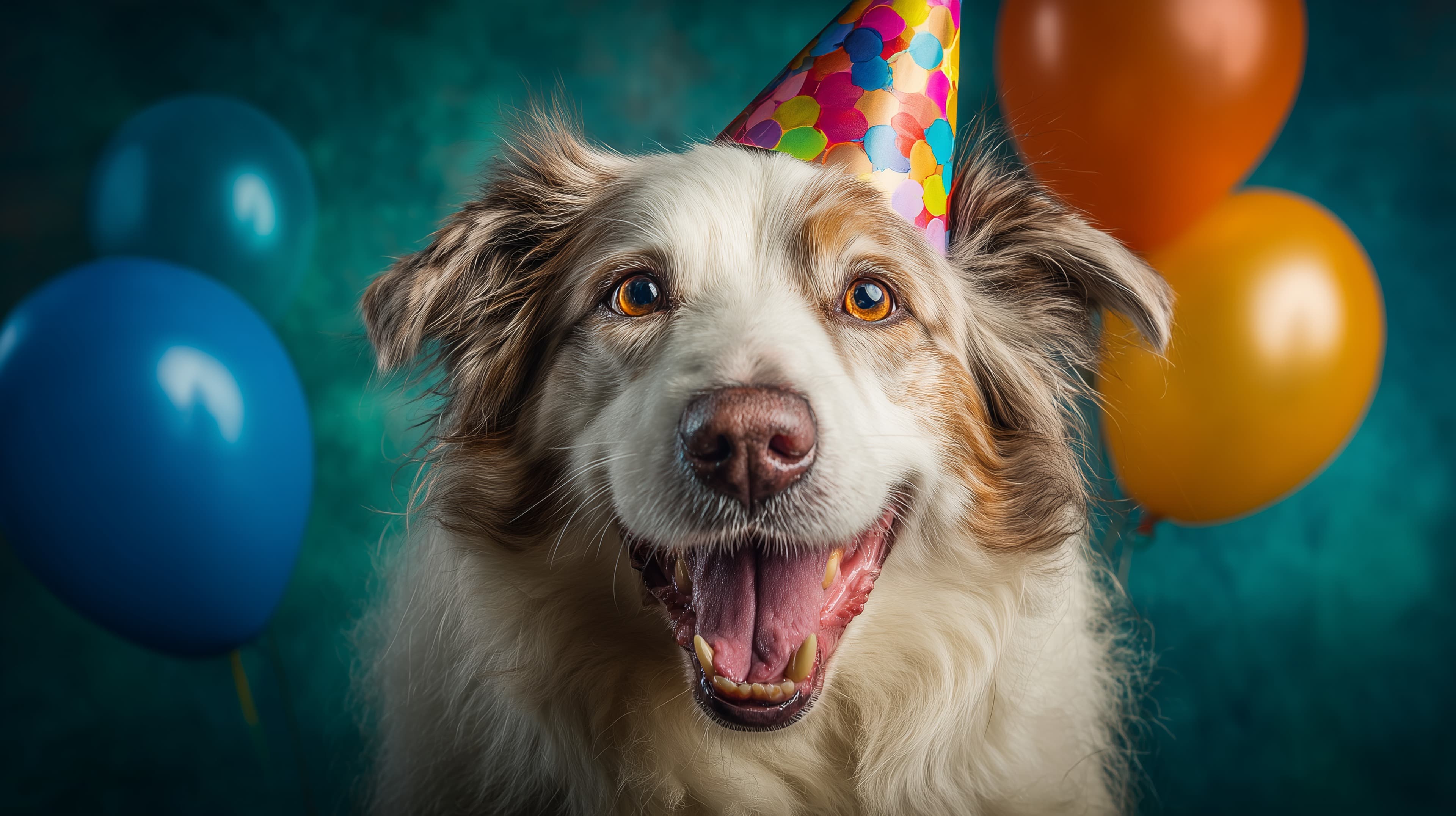 Cheerful Party-Dog Wallpaper with Balloons and Hat - High Resolution dog Wallpaper for Mobile and Desktop