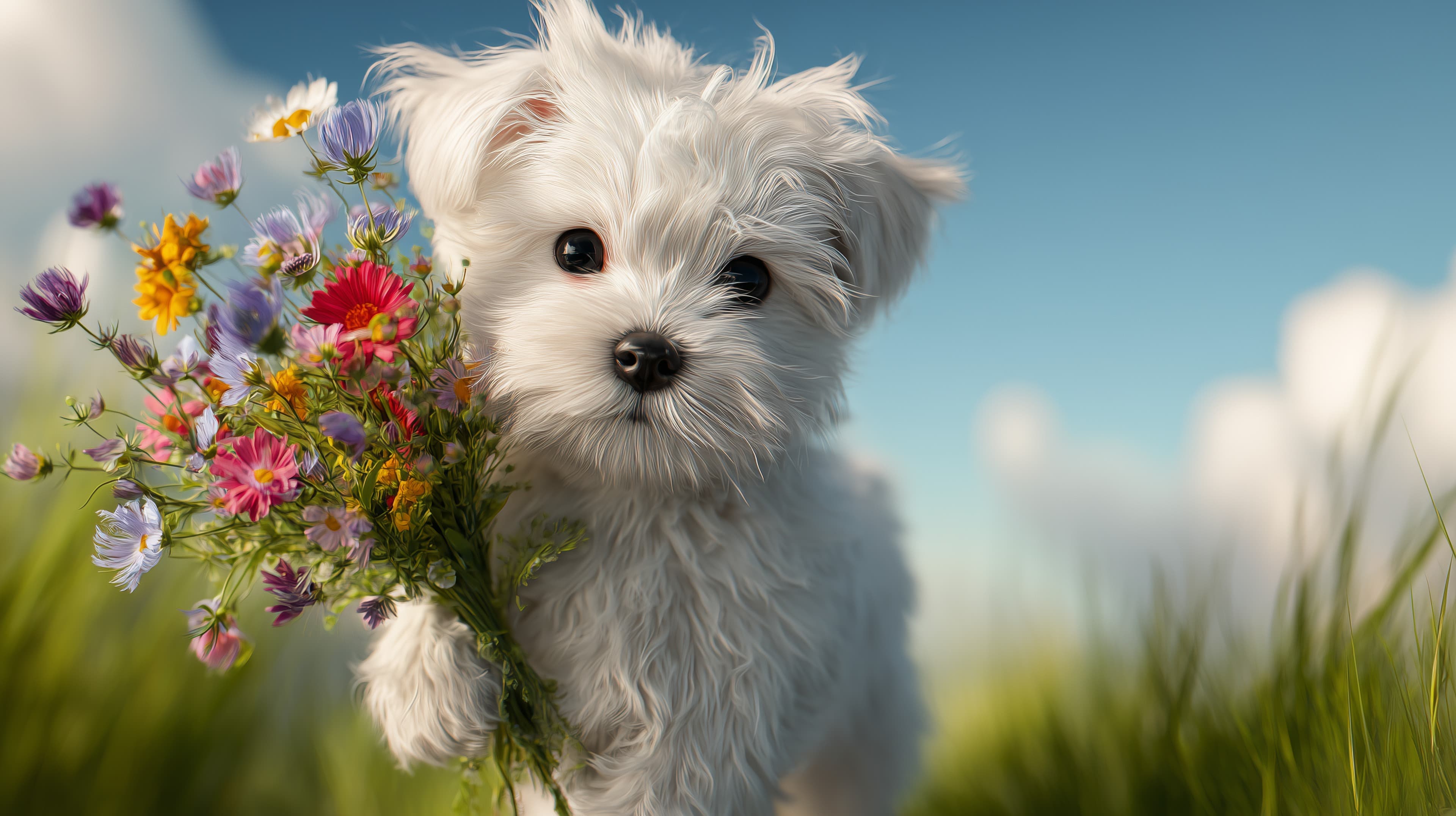 Bright Morning: Cute White Puppy with Wildflowers in Meadow - High Resolution blue-sky Wallpaper for Mobile and Desktop