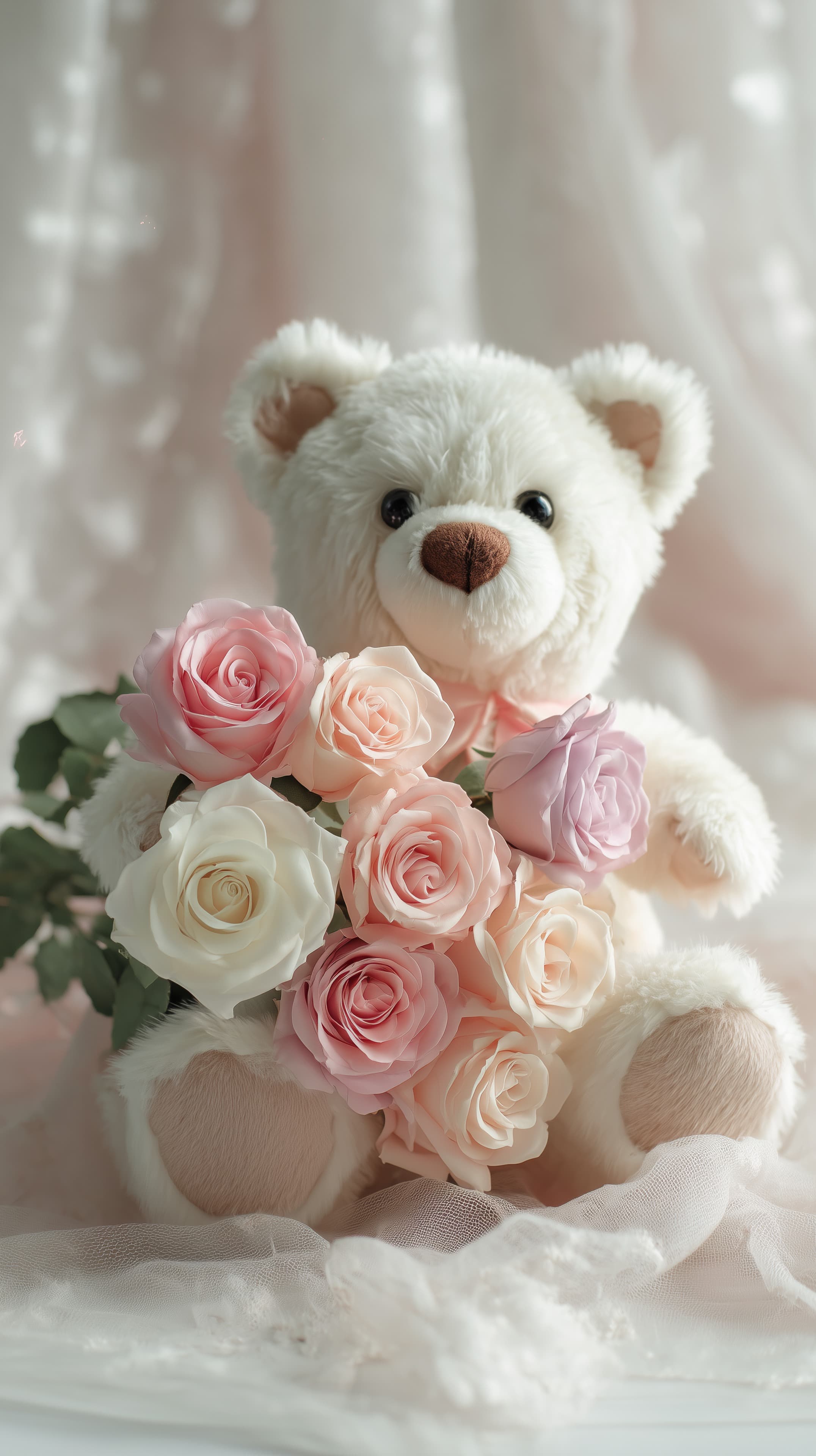 Pastel teddy bear with bouquet of roses for dreamy wallpaper - High Resolution cute-bear-wallpaper Wallpaper for Mobile and Desktop