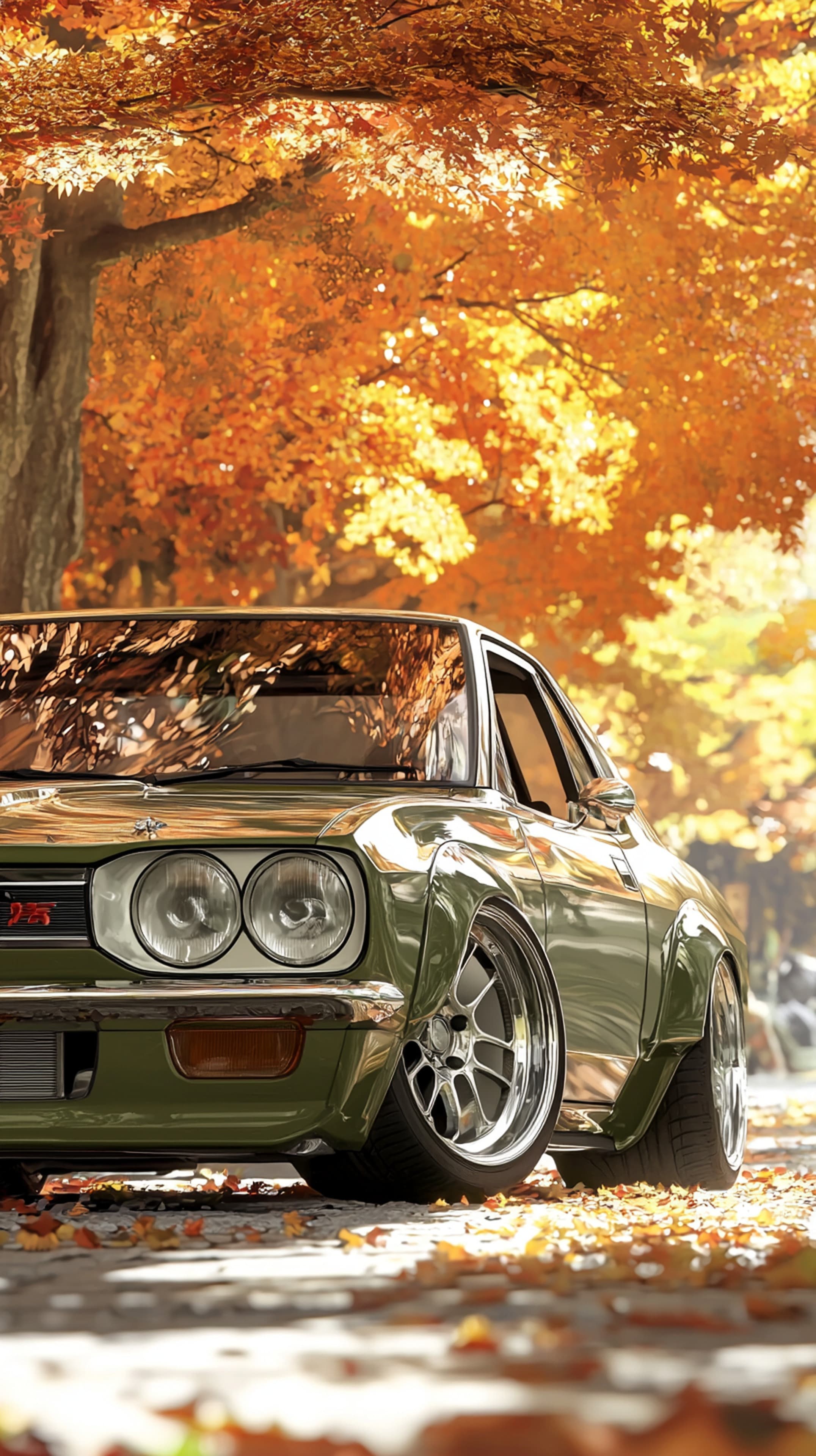 Autumn Drive: Vintage Green Classic Car Amid Fall Foliage - High Resolution vintage-car Wallpaper for Mobile and Desktop