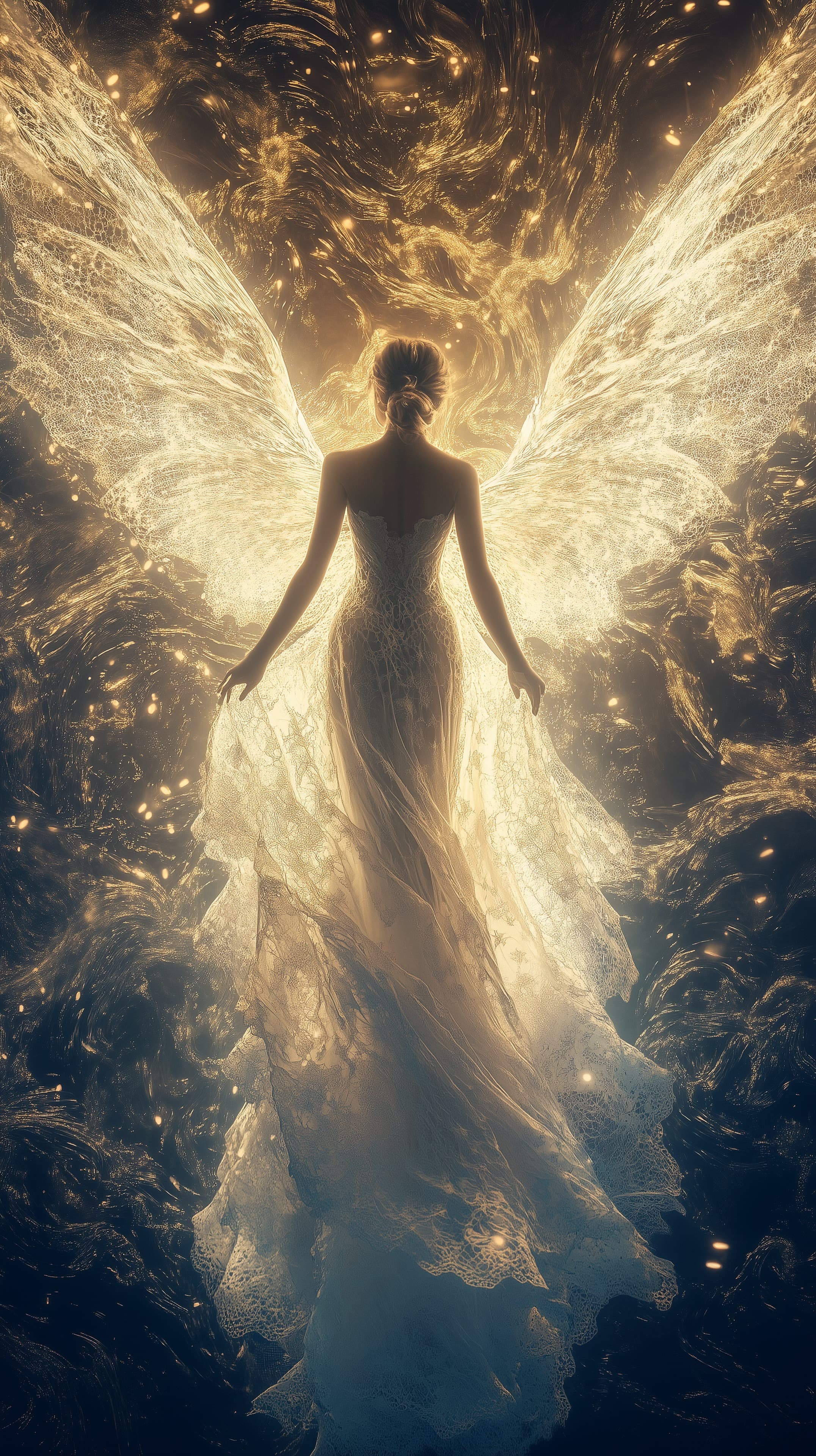 Gilded Wings: Ethereal Figure in Radiant Golden Light - High Resolution dreamy-wallpaper Wallpaper for Mobile and Desktop