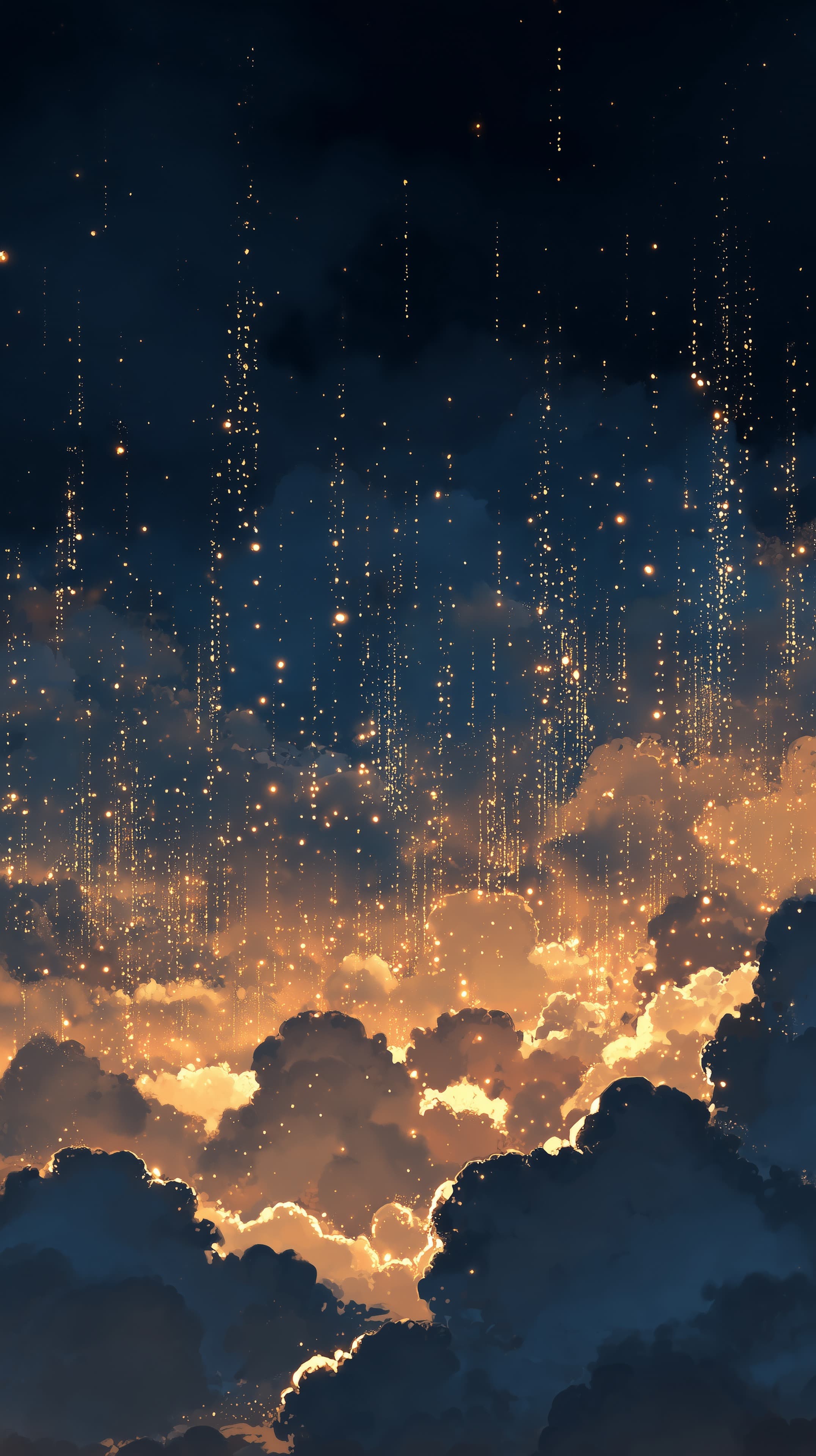 Dreamy Night Sky with Golden Sparkle Rain and Clouds - High Resolution celestial-scene Wallpaper for Mobile and Desktop