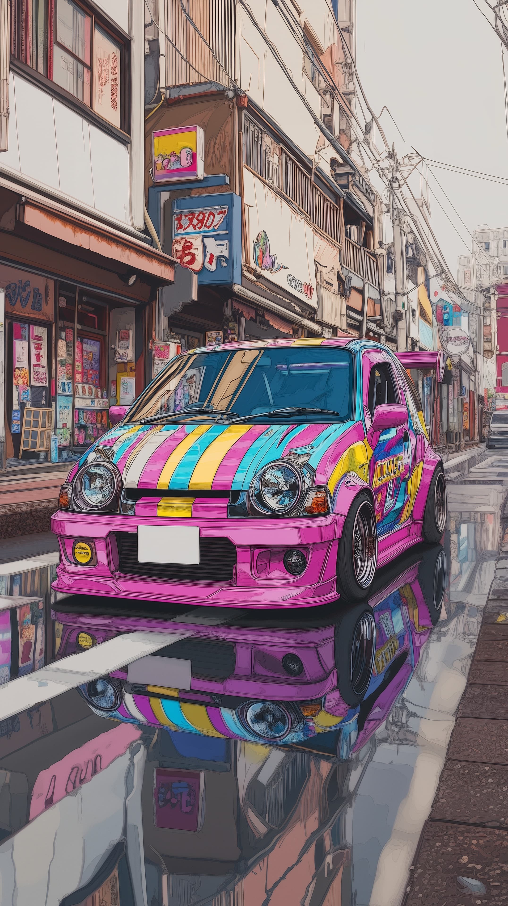 Vibrant Rainbow Striped Car in Neon Urban Street Scene - High Resolution colorful-wallpaper Wallpaper for Mobile and Desktop