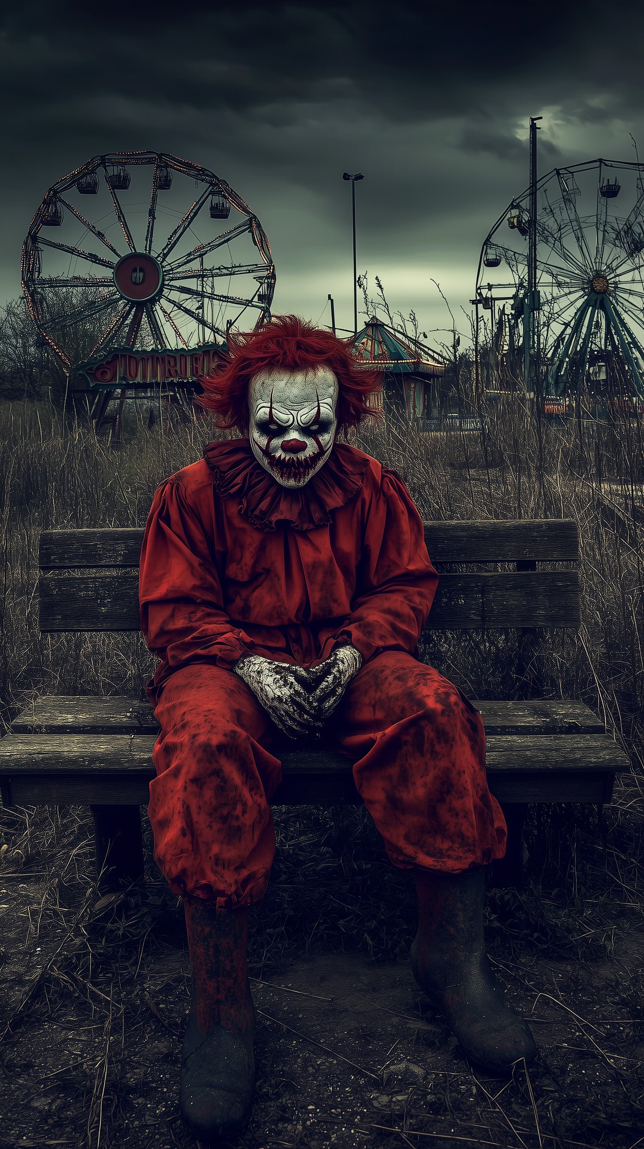 Creepy Clown on a Weathered Bench in an Abandoned Amusement Park - High Resolution abandoned-amusement-park Wallpaper for Mobile and Desktop