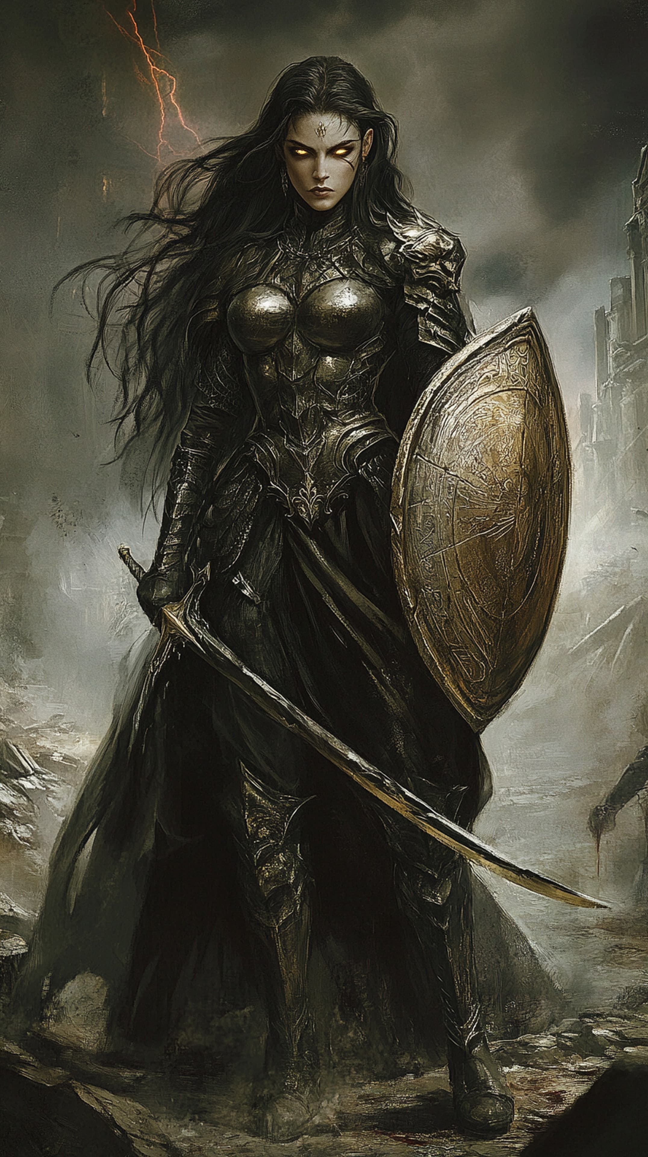 Fierce Female Warrior in Dark Fantasy Armor - Epic Battle Wallpaper - High Resolution armored-warrior Wallpaper for Mobile and Desktop