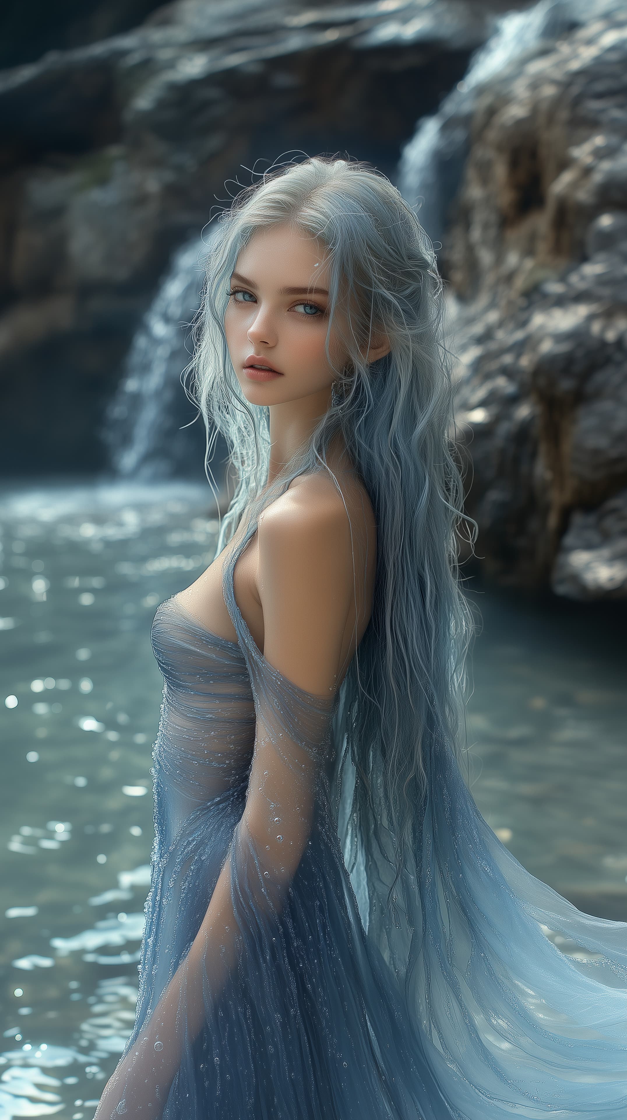 Azure-Haired Woman by a Waterfall: Dreamy Portrait in Soft Light - High Resolution blue-dress Wallpaper for Mobile and Desktop