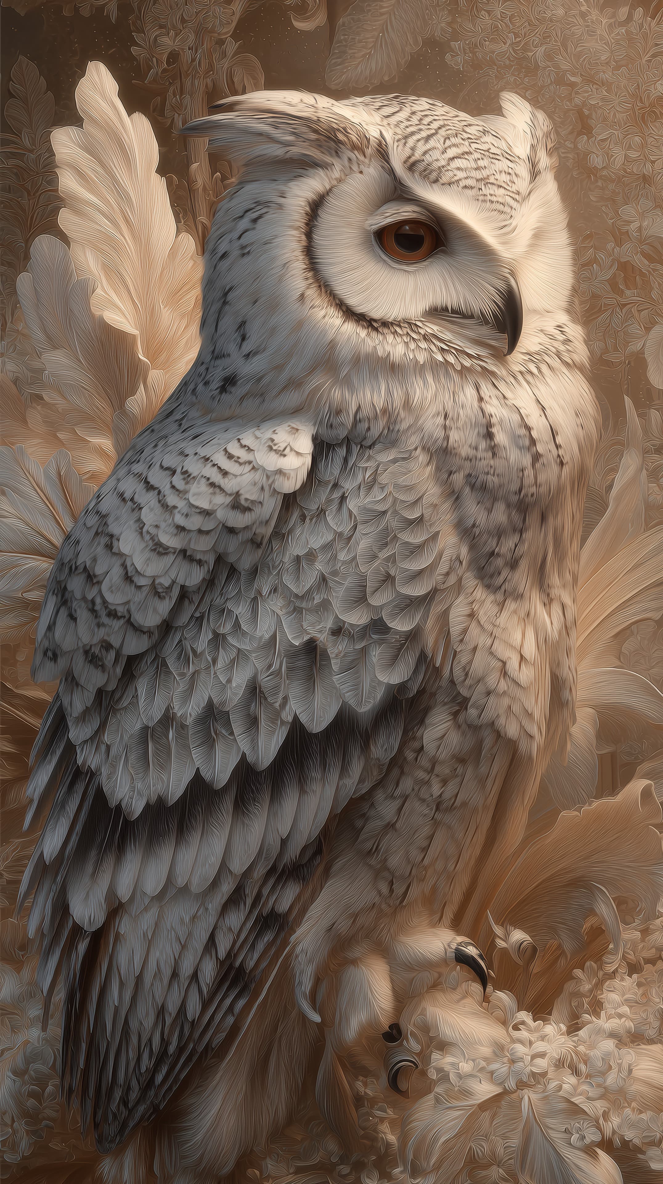 Dreamy Sepia Owl Portrait Wallpaper with Feathers and Botanicals - High Resolution botanical-backdrop Wallpaper for Mobile and Desktop