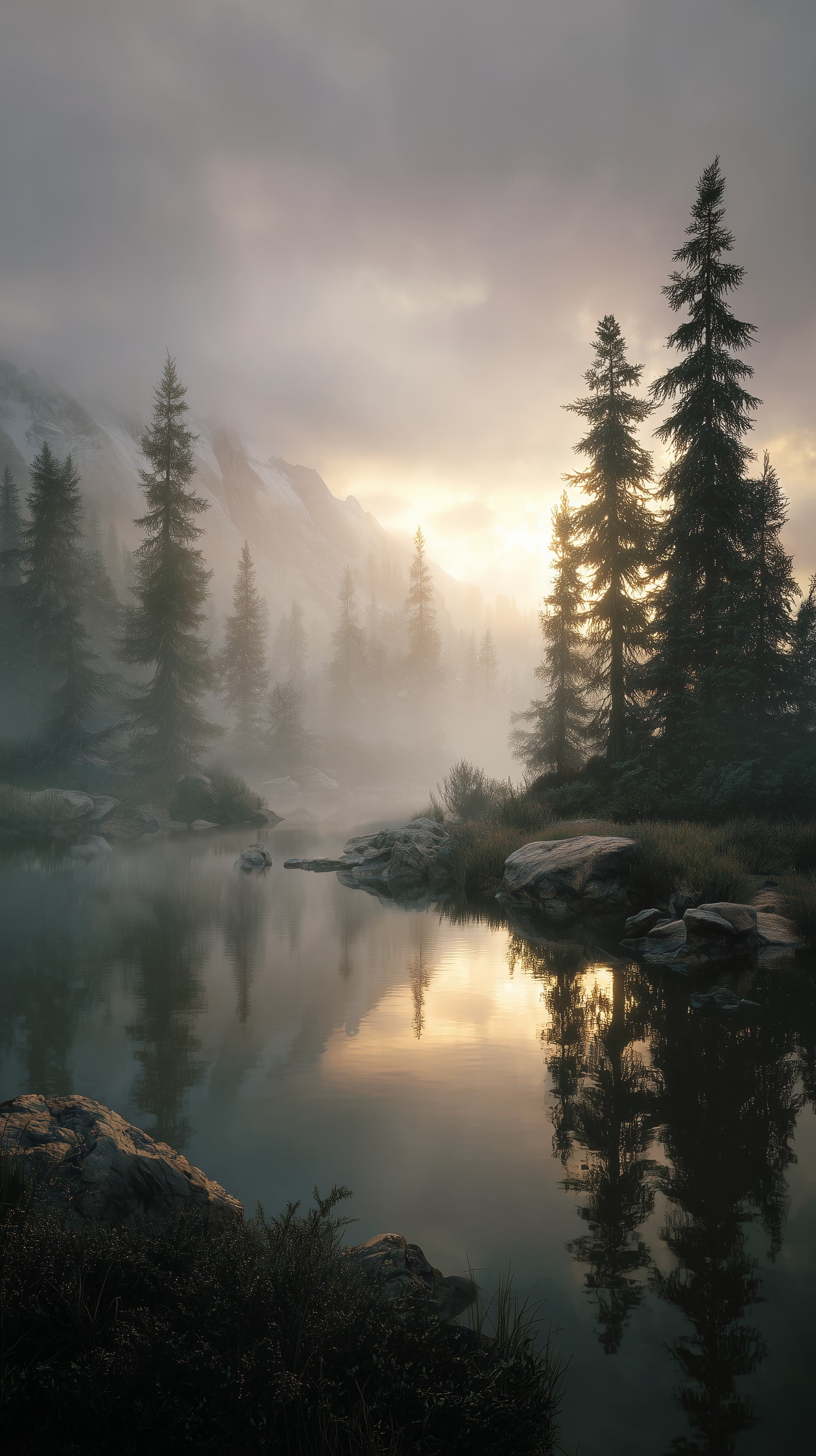 Mystic Sunrise over Misty Mountain Lake Wallpaper HD - High Resolution foggy-morning Wallpaper for Mobile and Desktop