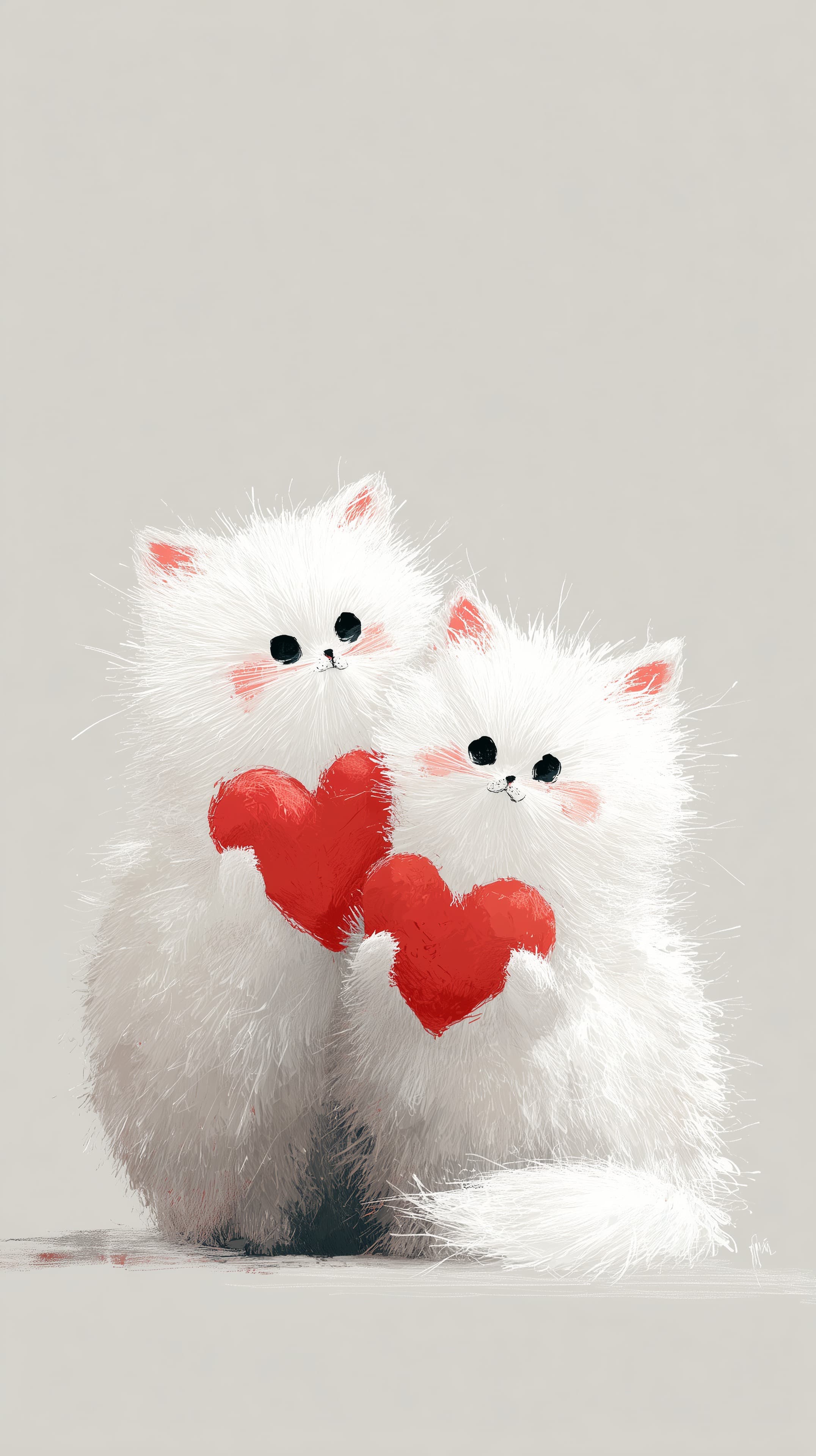 Adorable fluffy white cats holding red hearts wallpaper - High Resolution cat-illustration Wallpaper for Mobile and Desktop