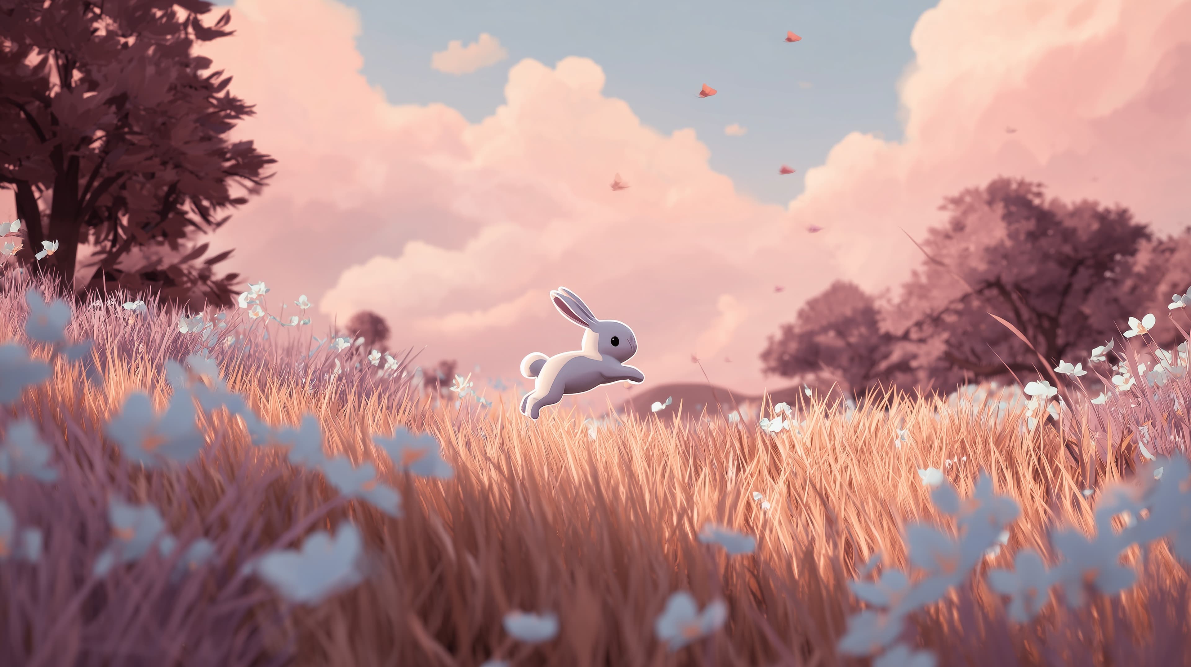 Pastel Meadow Bunny in Dreamy Landscape - Whimsical Illustration - High Resolution bunny Wallpaper for Mobile and Desktop
