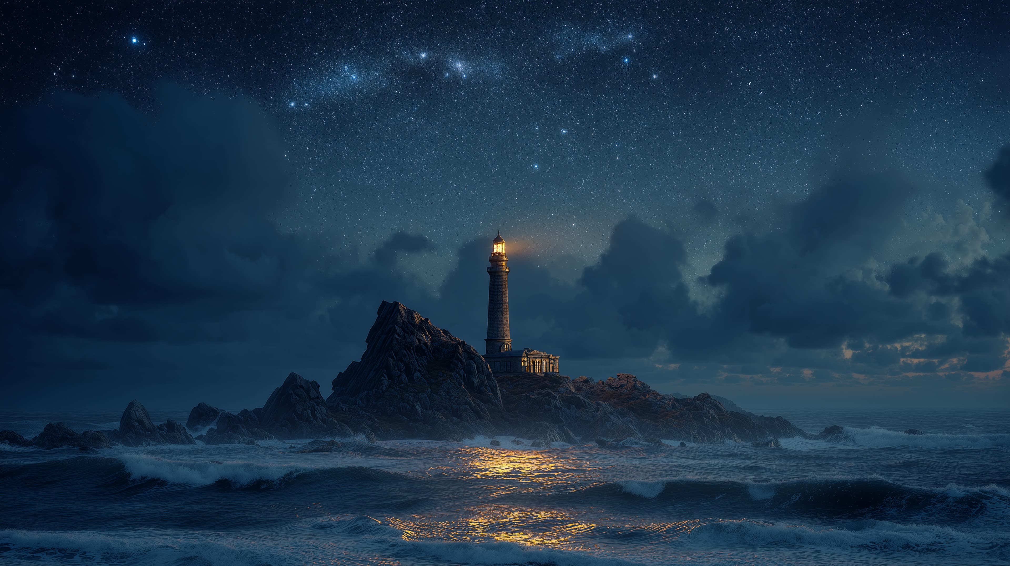 Moonlit Sea Scene: Lighthouse on Rocks Under a Starry Sky - High Resolution beacon Wallpaper for Mobile and Desktop
