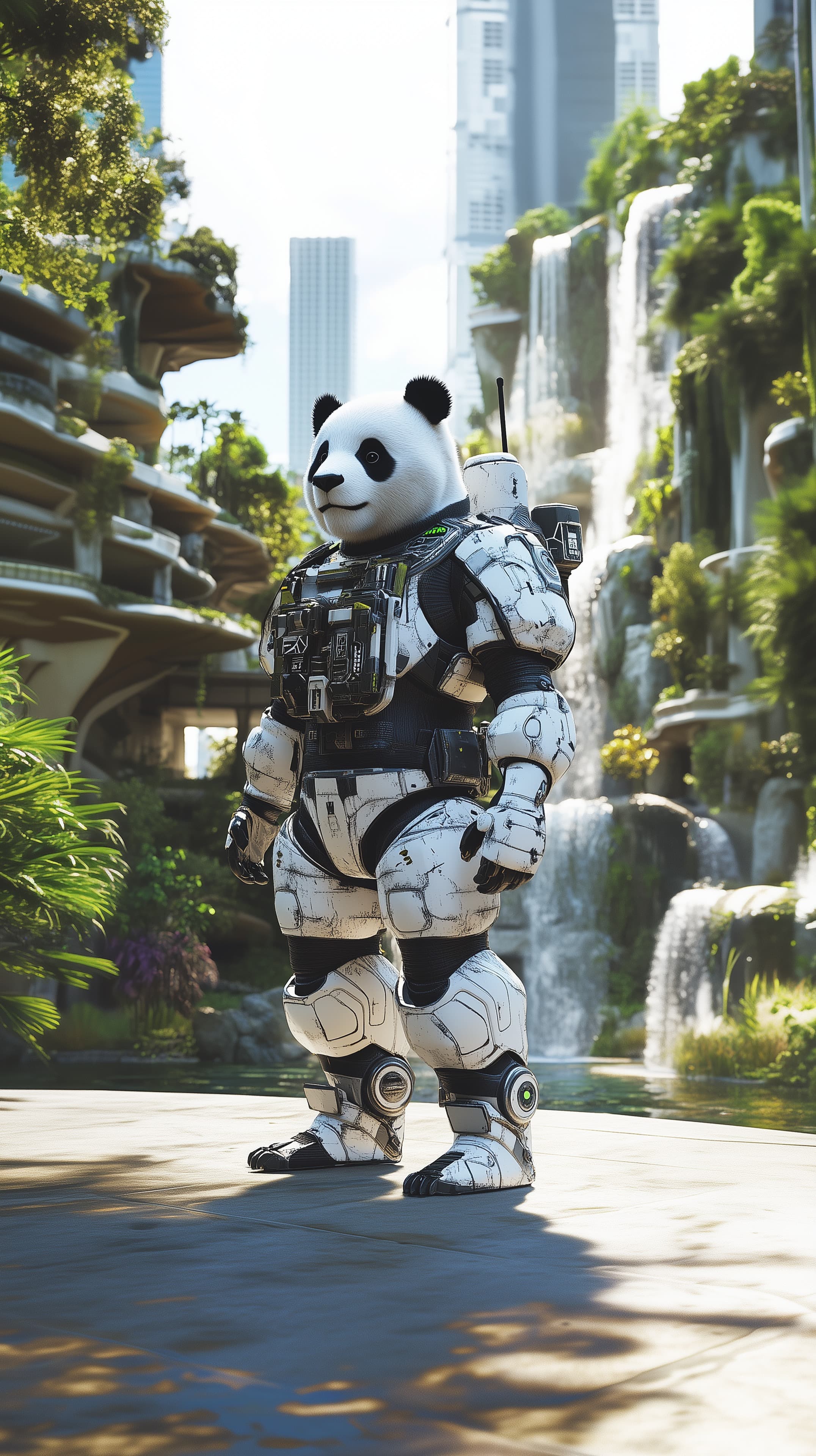 Sci-Fi Panda in Armored Suit in Urban Garden - High Resolution armored-exosuit Wallpaper for Mobile and Desktop