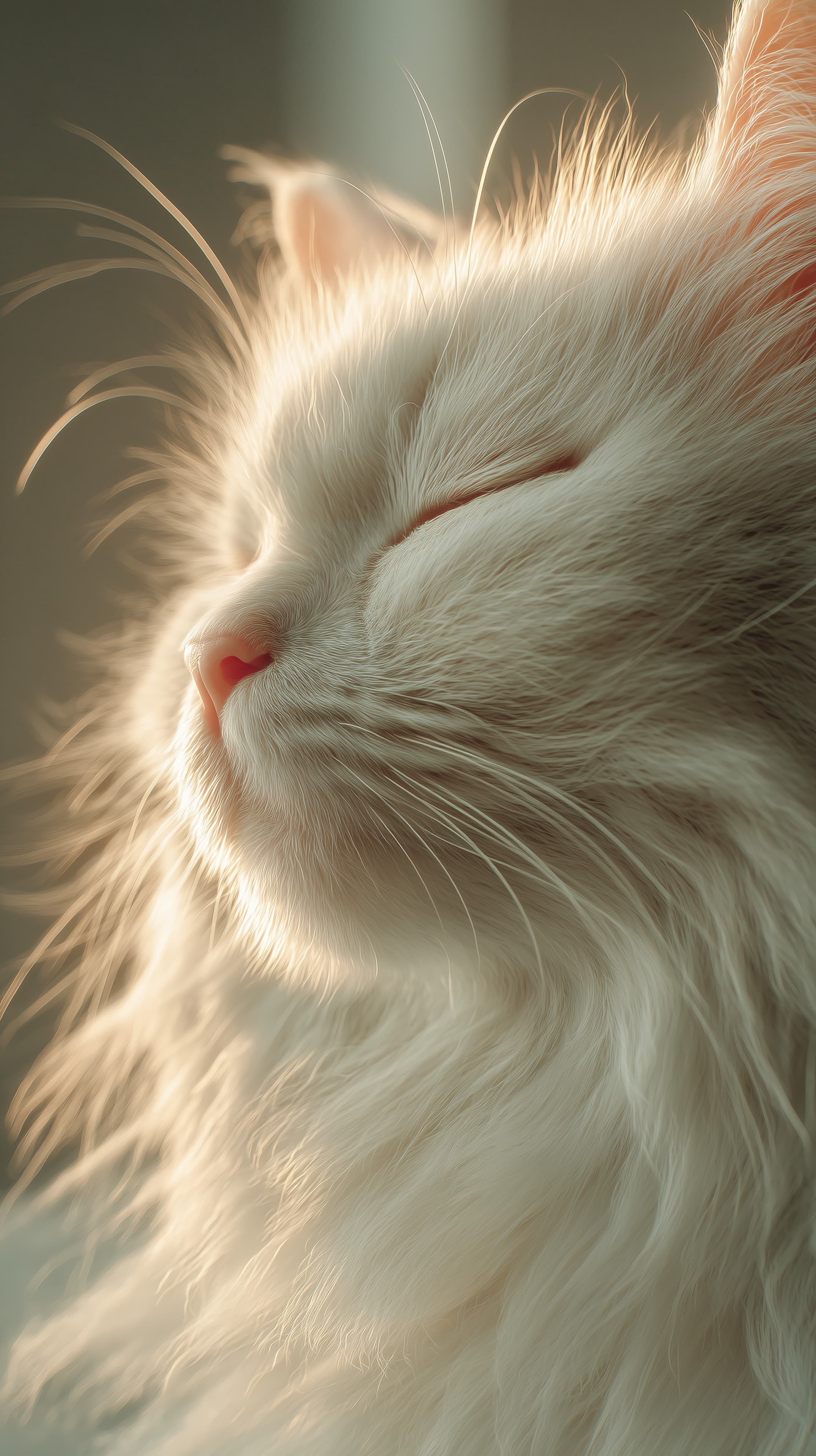 Soft Morning Light on a Fluffy White Cat - Close-Up Portrait - High Resolution animal-close-up Wallpaper for Mobile and Desktop