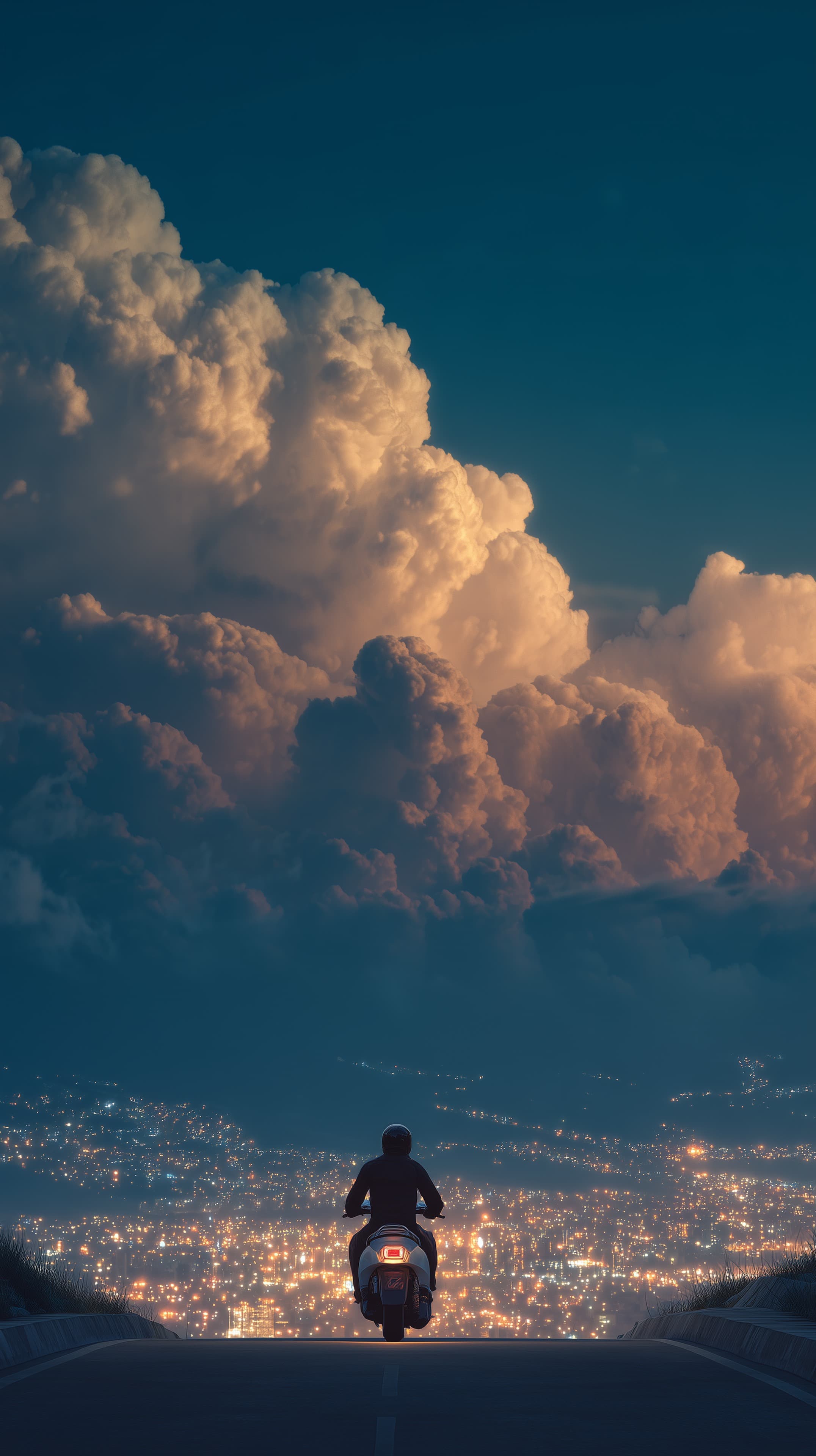 Night cityscape from hilltop: scooter rider under blue hour clouds - High Resolution blue-hour Wallpaper for Mobile and Desktop