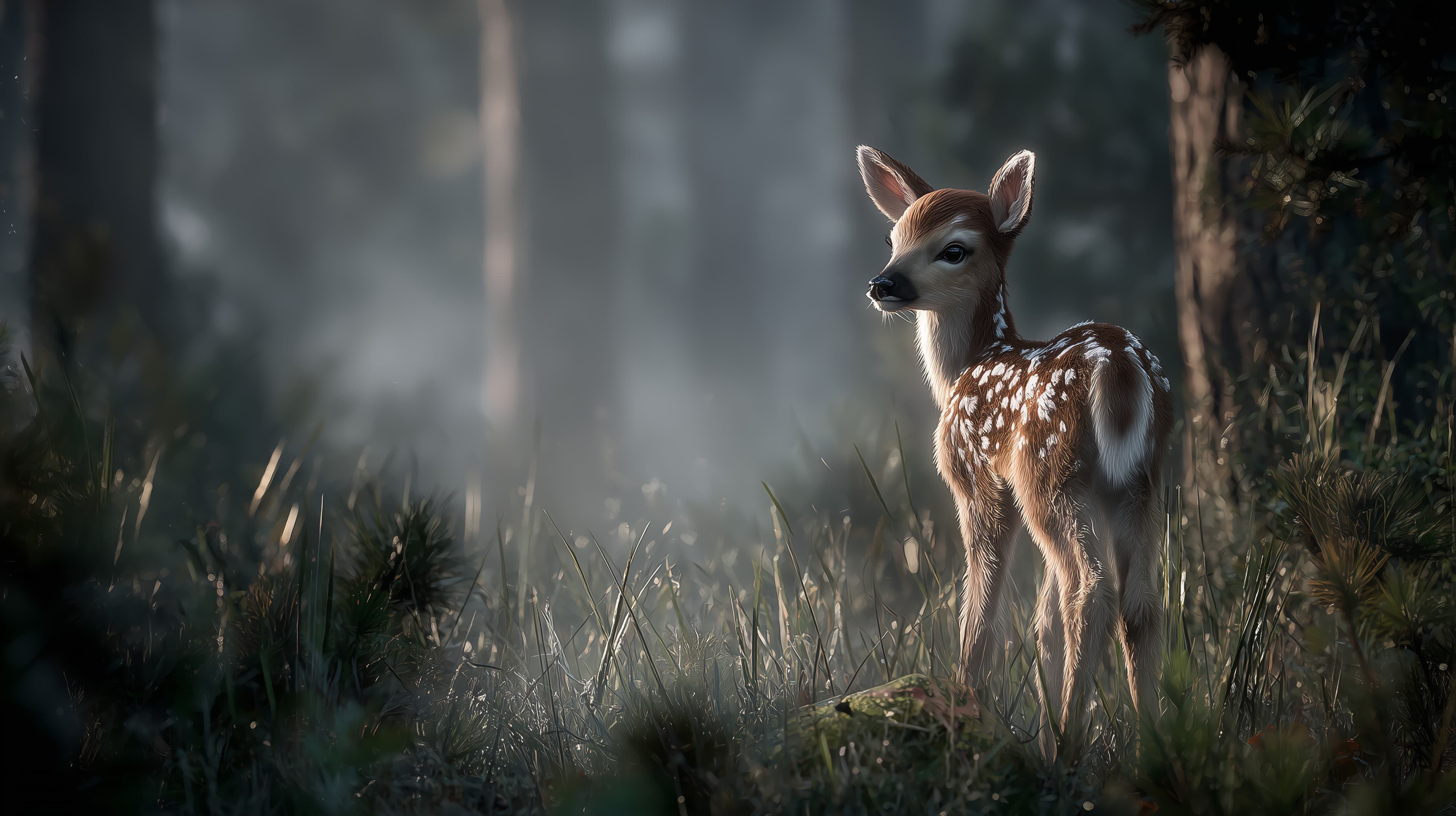 Softly Lit Fawn in Misty Forest - Tranquil Wildlife Wallpaper - High Resolution fawn Wallpaper for Mobile and Desktop