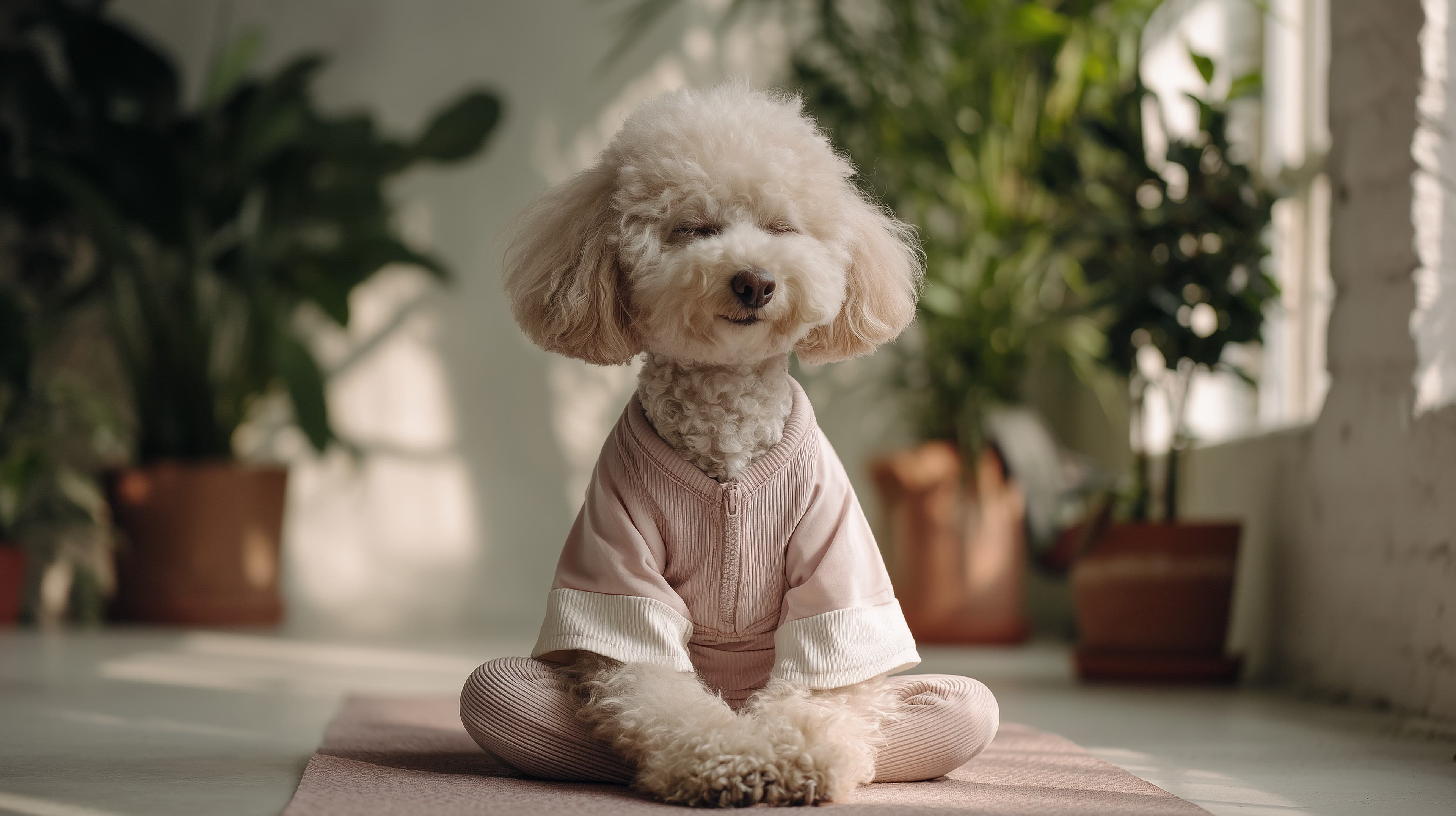Adorable Poodle in Soft Pink Onesie: Cozy Indoor Portrait - High Resolution dog Wallpaper for Mobile and Desktop