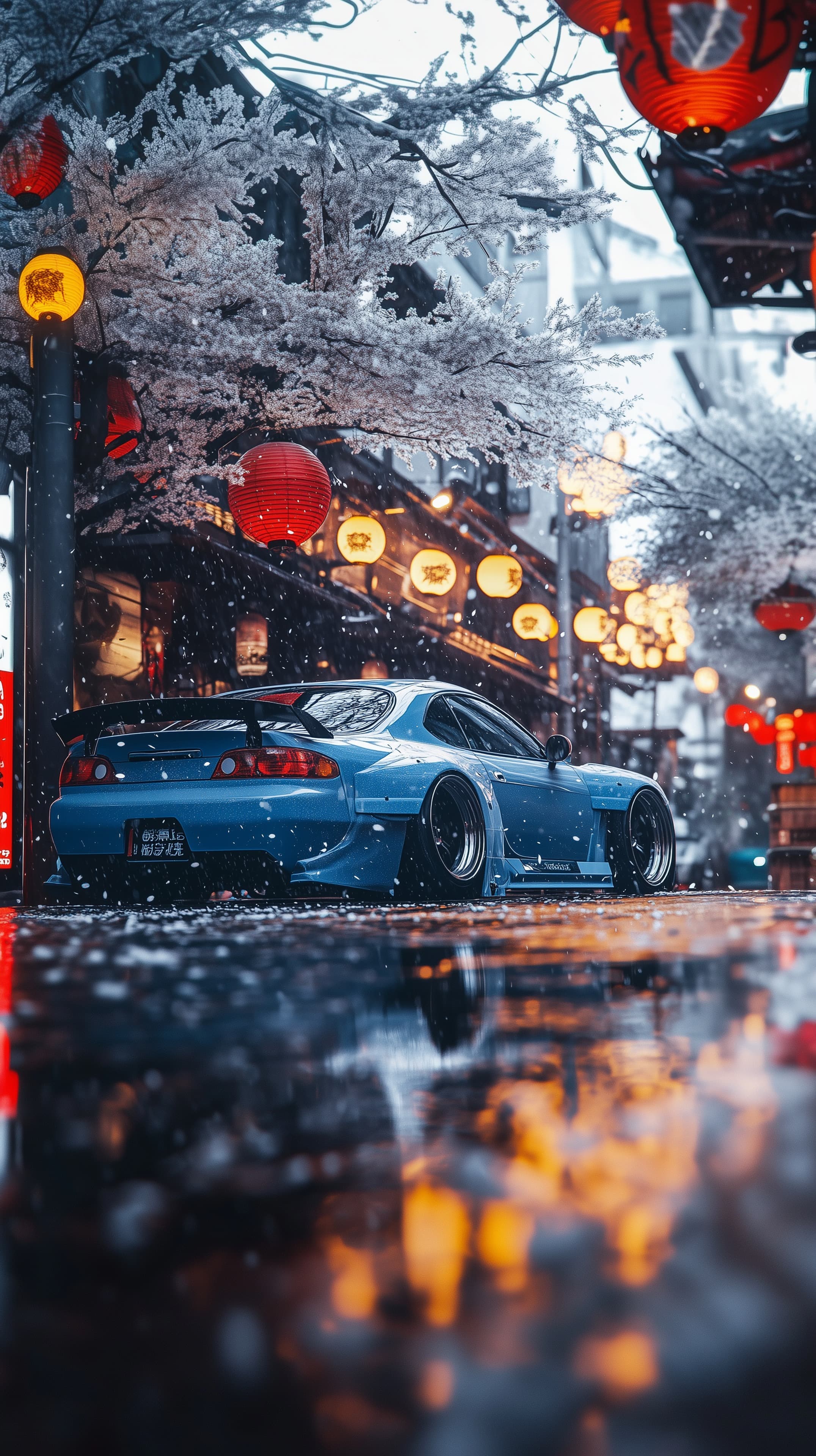 Blue Sports Car Under Lanterns Amid Cherry Blossoms - High Resolution blue-car Wallpaper for Mobile and Desktop