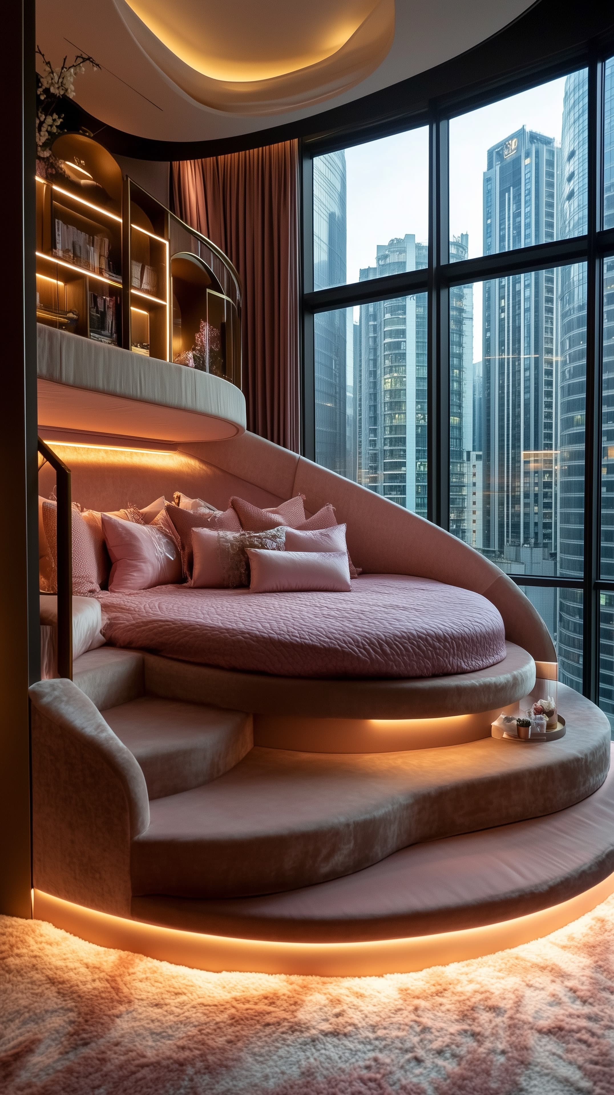 Luxurious Circular Bed Suite with Warm Lighting and City View - High Resolution ambient-lighting Wallpaper for Mobile and Desktop