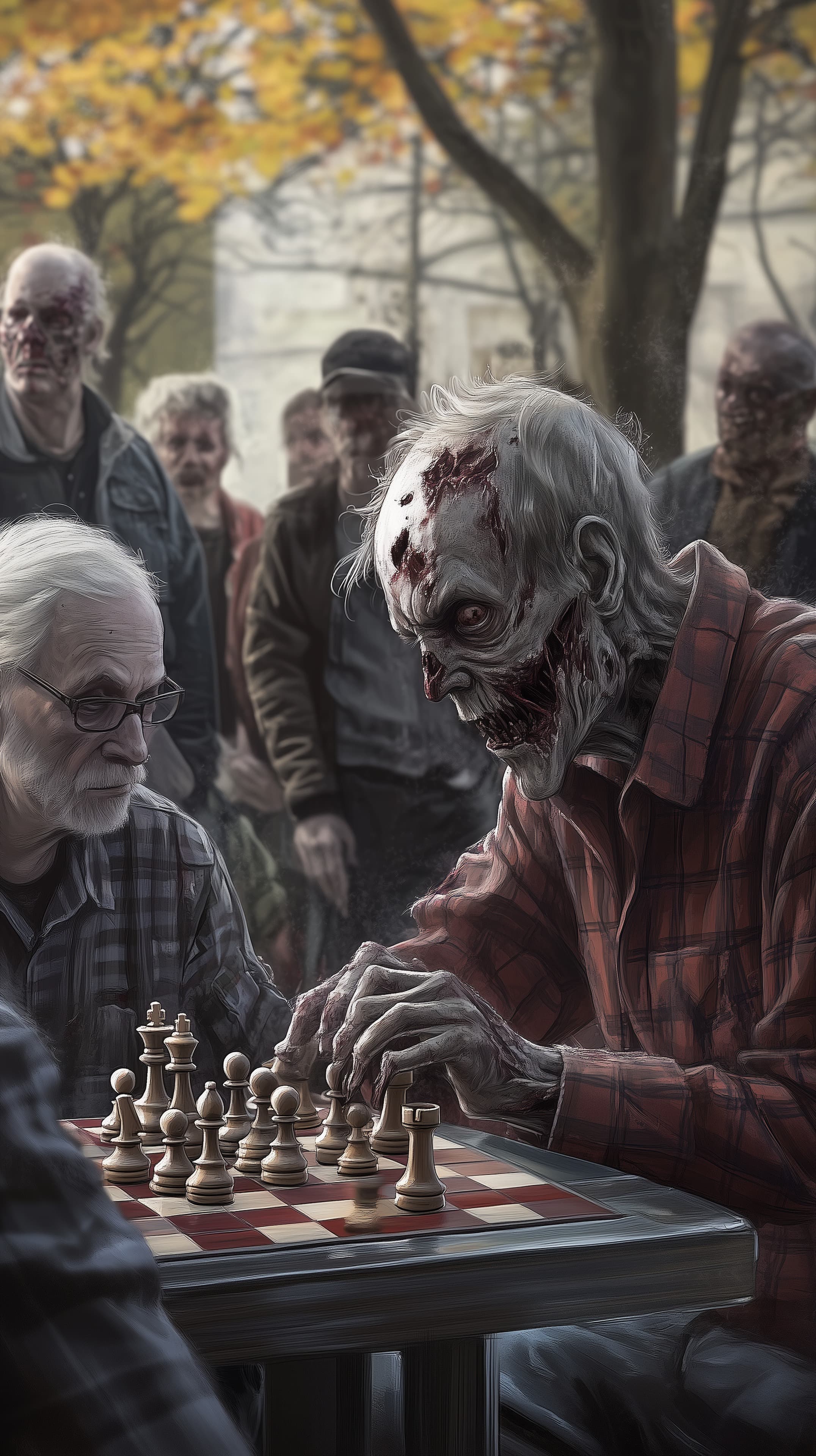 Zombie Chess Duel in Autumn Park: Haunting Night Scene - High Resolution autumn Wallpaper for Mobile and Desktop