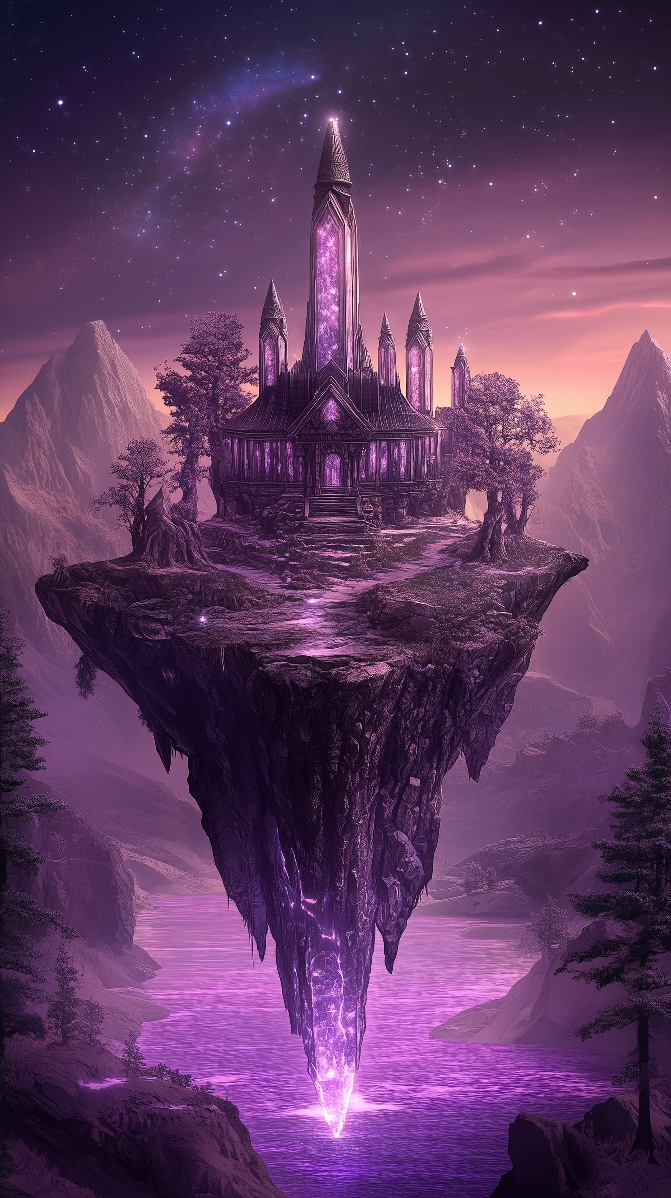 Mystical Purple Castle on a Floating Island at Dusk - High Resolution castle Wallpaper for Mobile and Desktop