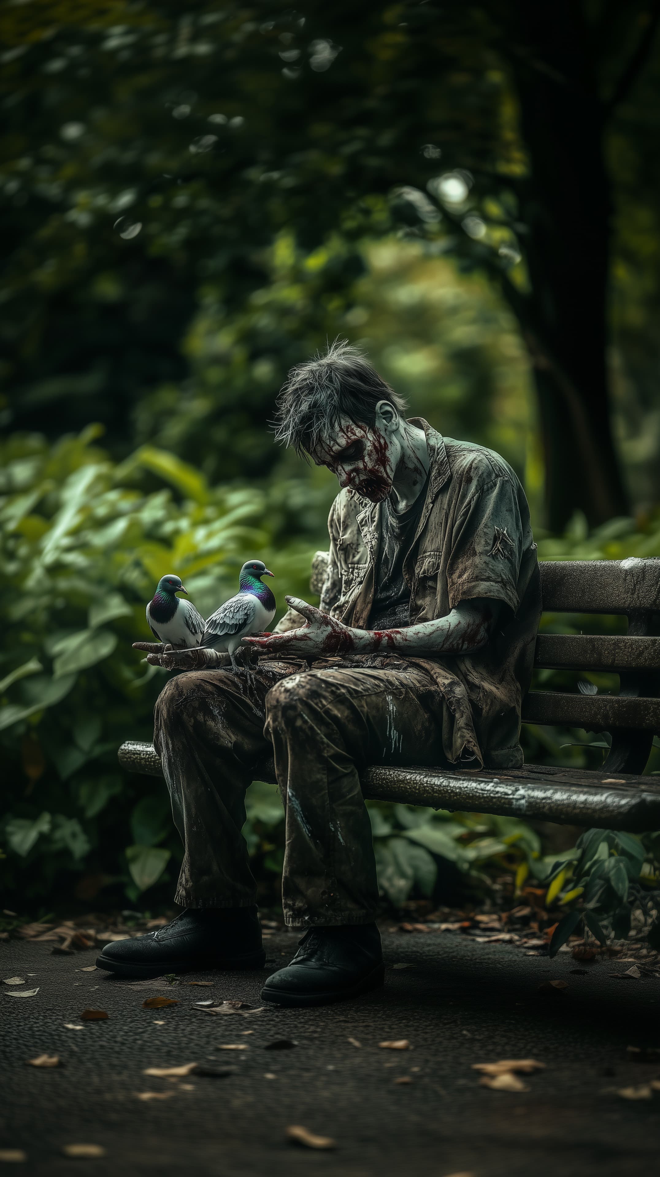 Haunting zombie on a park bench with pigeons - moody wallpaper - High Resolution blood-detail Wallpaper for Mobile and Desktop