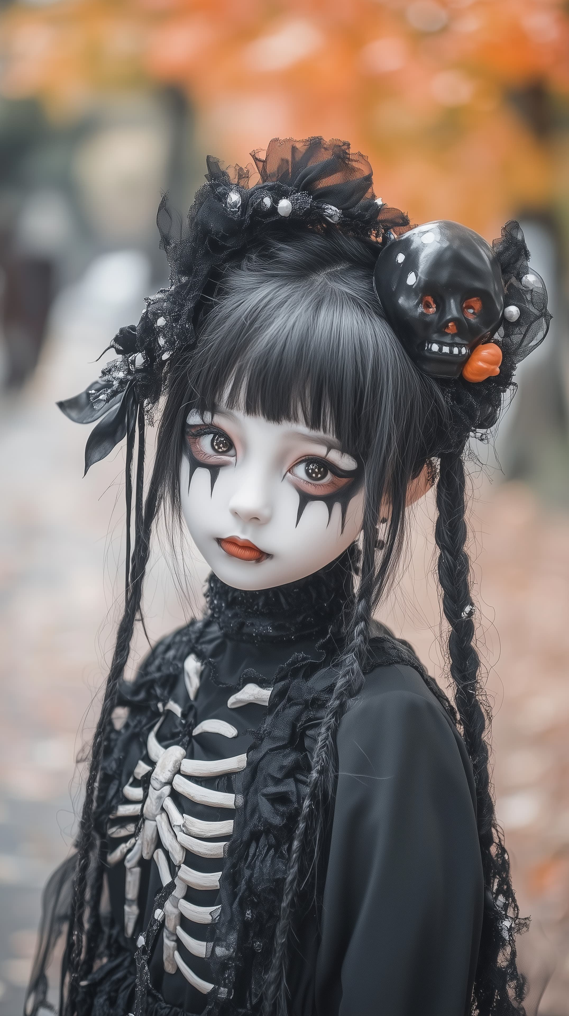 Gothic Skeleton Doll Portrait with Halloween Makeup and Accessories - High Resolution autumn Wallpaper for Mobile and Desktop