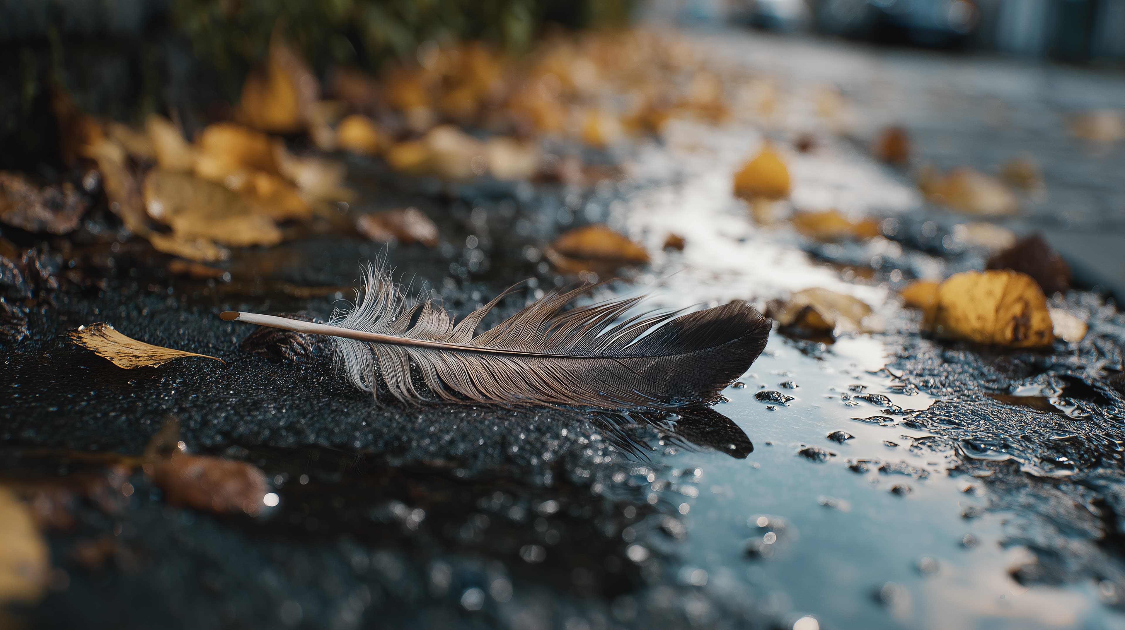Autumn Feather on a Wet Street: Moody Puddle Scene - High Resolution feather Wallpaper for Mobile and Desktop