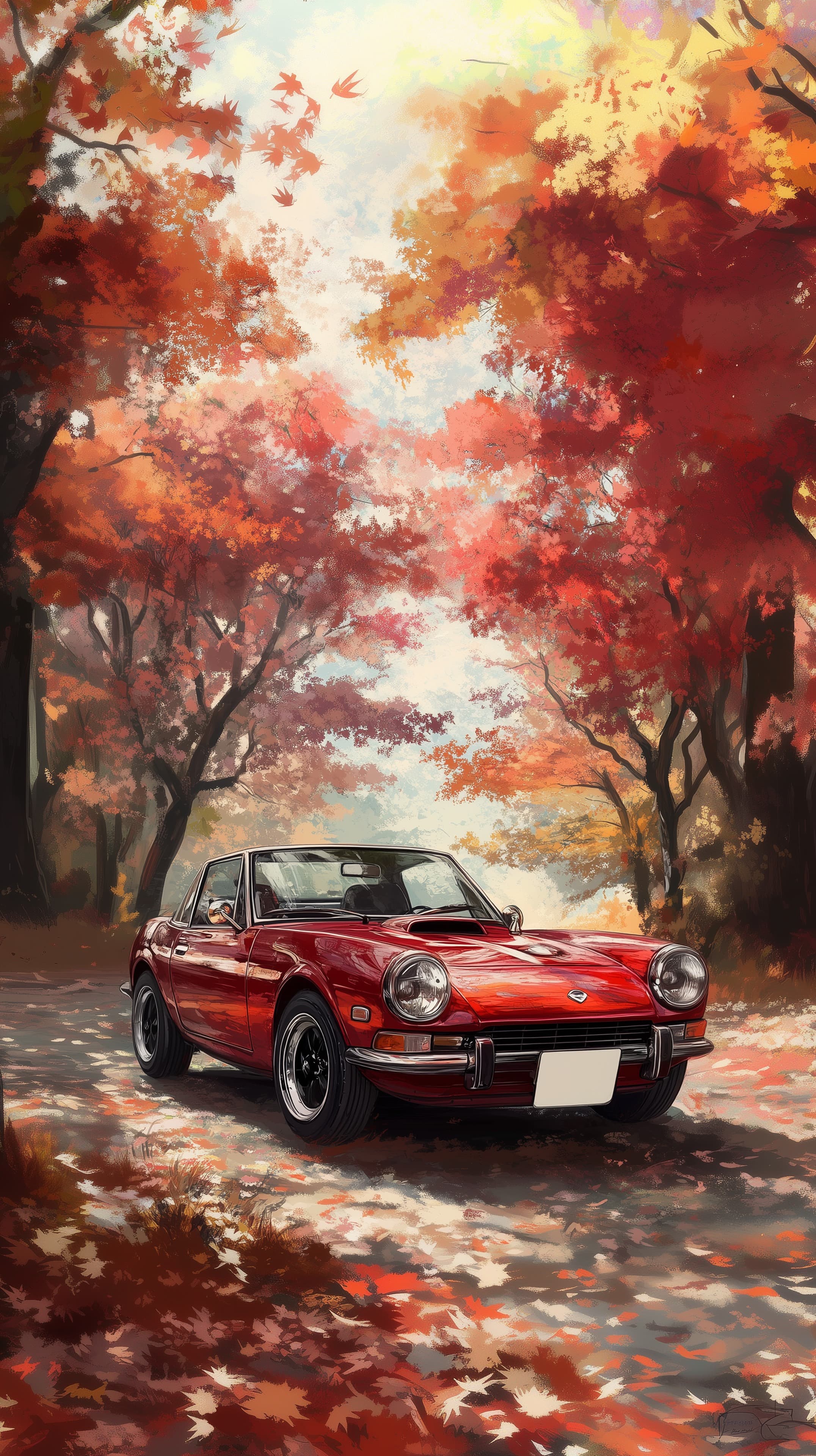 Autumn Forest Drive: Vintage Red Convertible in Fall Colors - High Resolution autumn Wallpaper for Mobile and Desktop