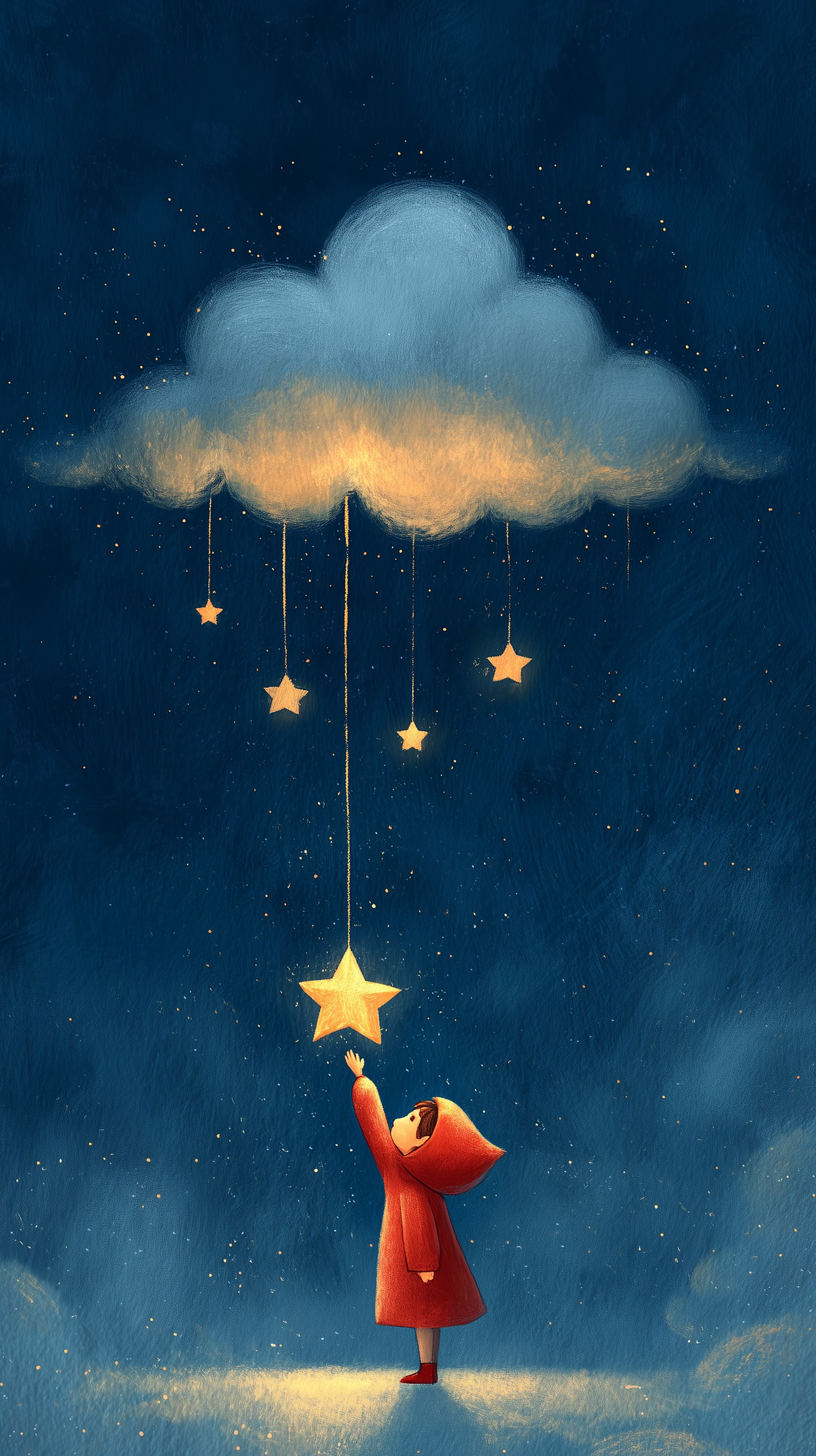 Whimsical Night Sky Dream: Child Reaching for Floating Stars - High Resolution child Wallpaper for Mobile and Desktop