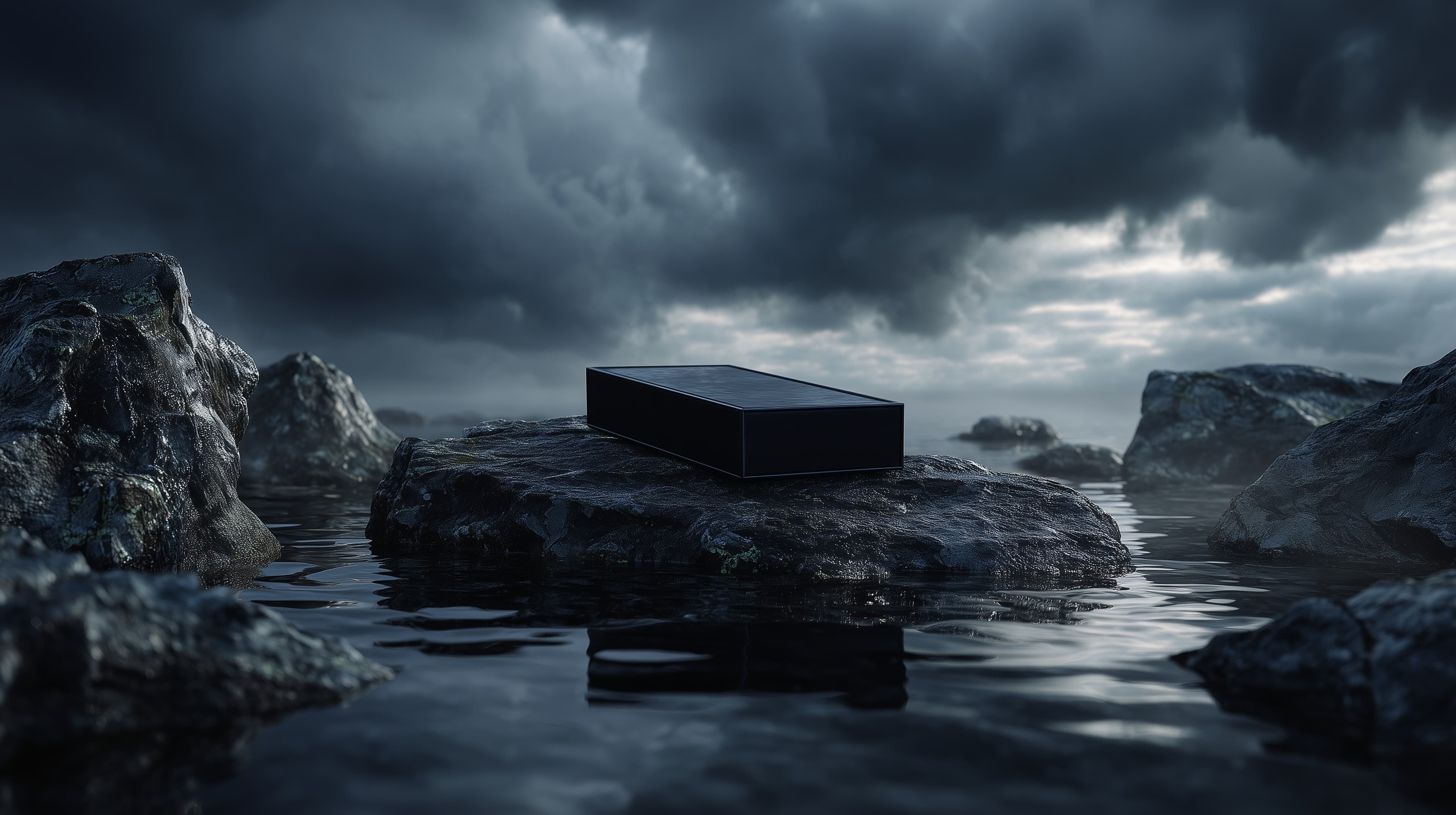 Mysterious Dark Box on Rocky Shore Under Stormy Sky - High Resolution dark-scene Wallpaper for Mobile and Desktop