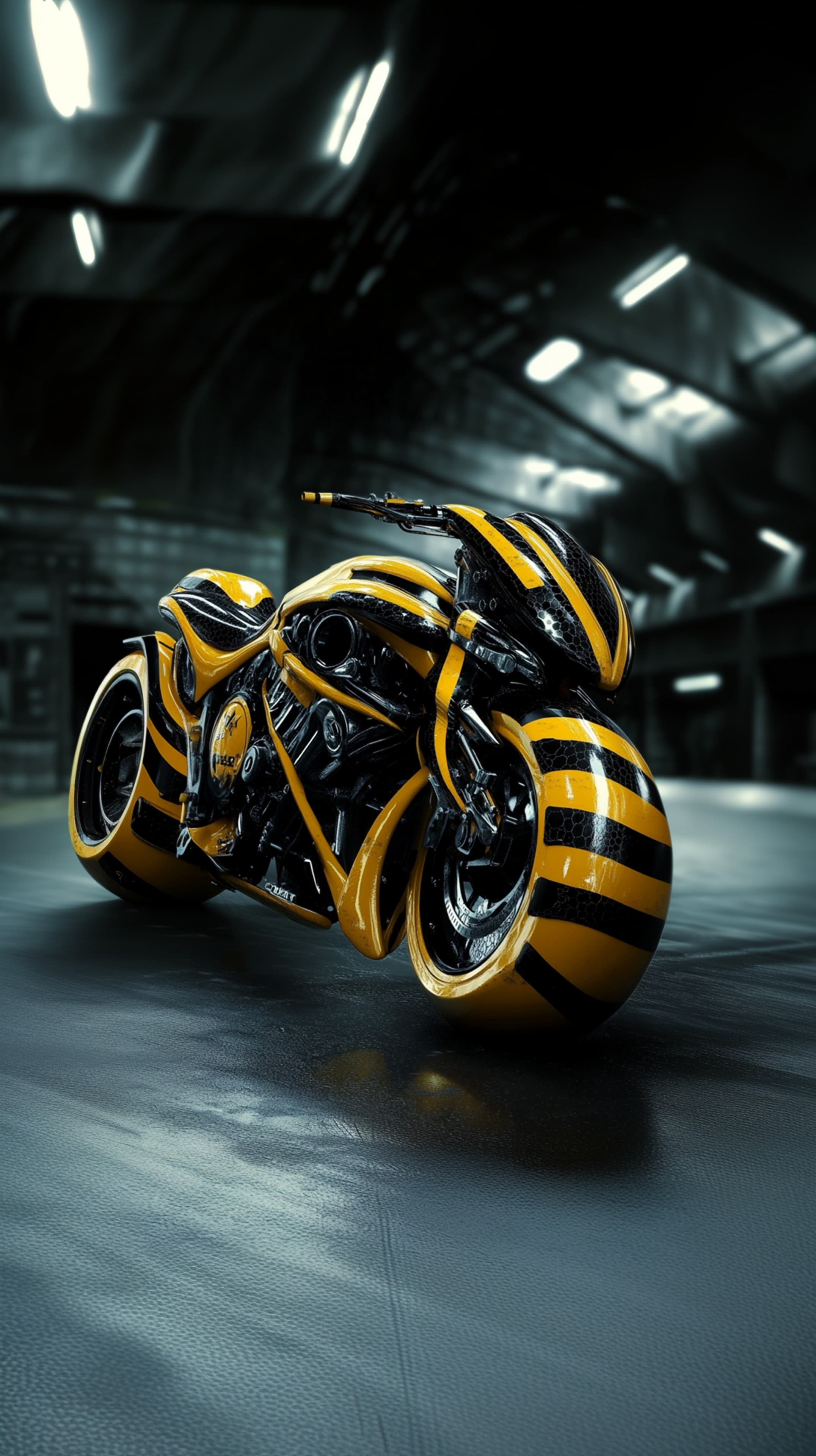 Neon Yellow and Black Futuristic Motorcycle in Dark Garage - High Resolution motorcycle Wallpaper for Mobile and Desktop