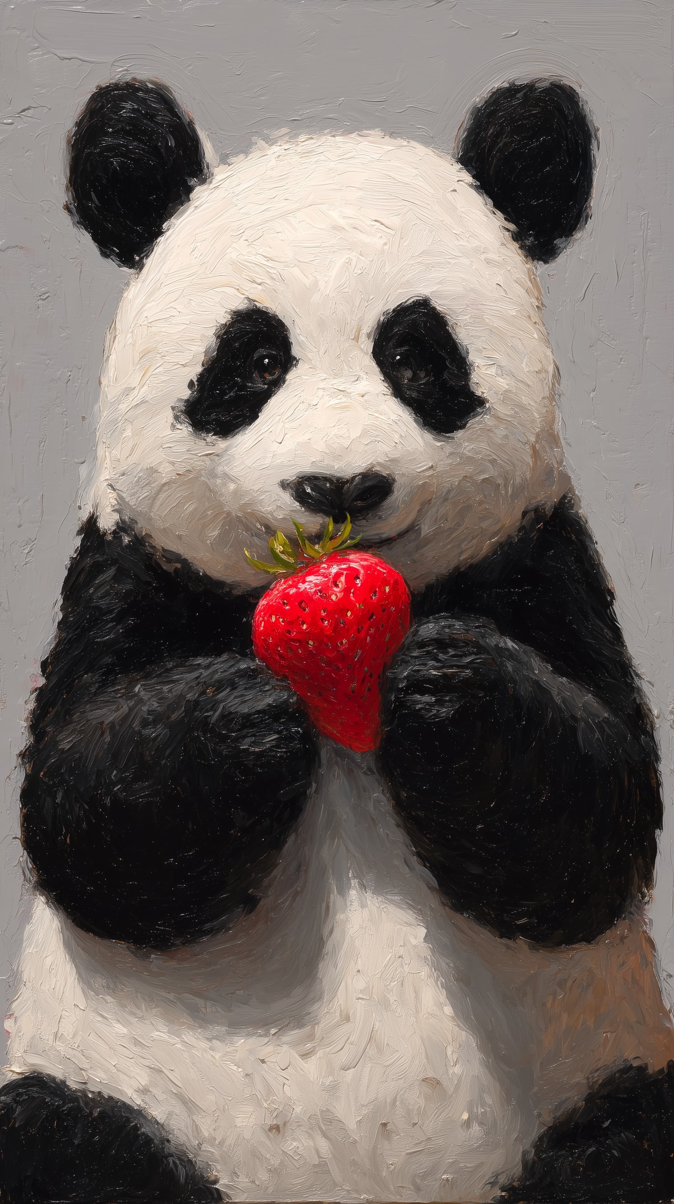 Charming Panda Holding a Strawberry - Textured Oil Painting - High Resolution animal-portrait Wallpaper for Mobile and Desktop