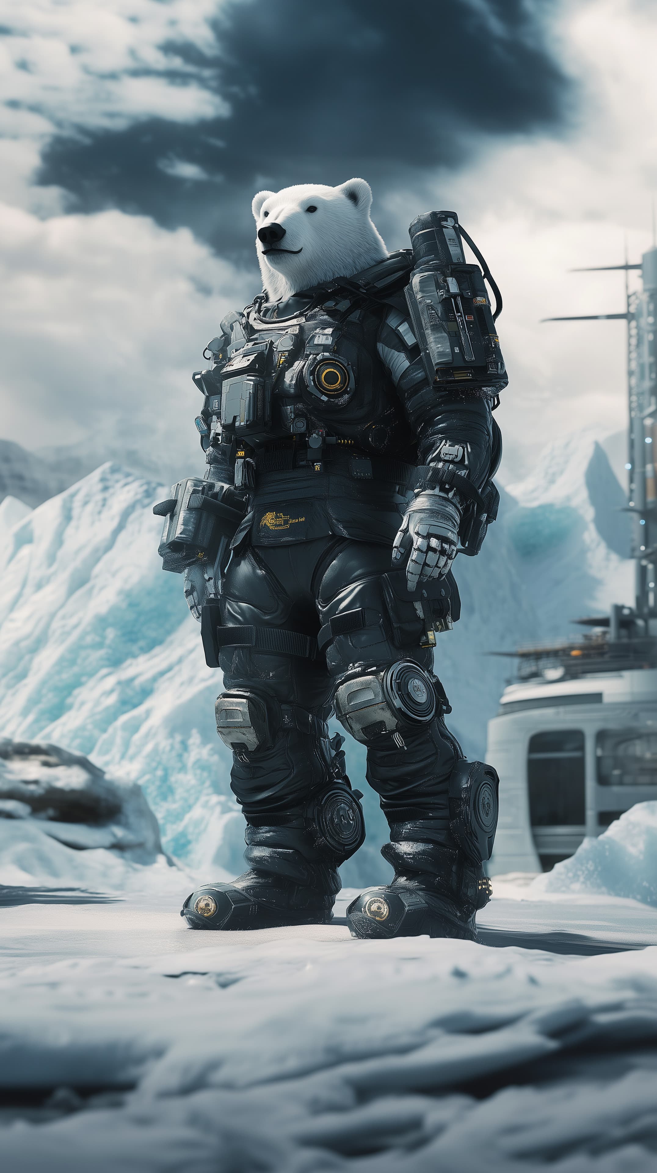 Polar Bear in Futuristic Space Suit on Icy Frontier - High Resolution arctic-adventure Wallpaper for Mobile and Desktop