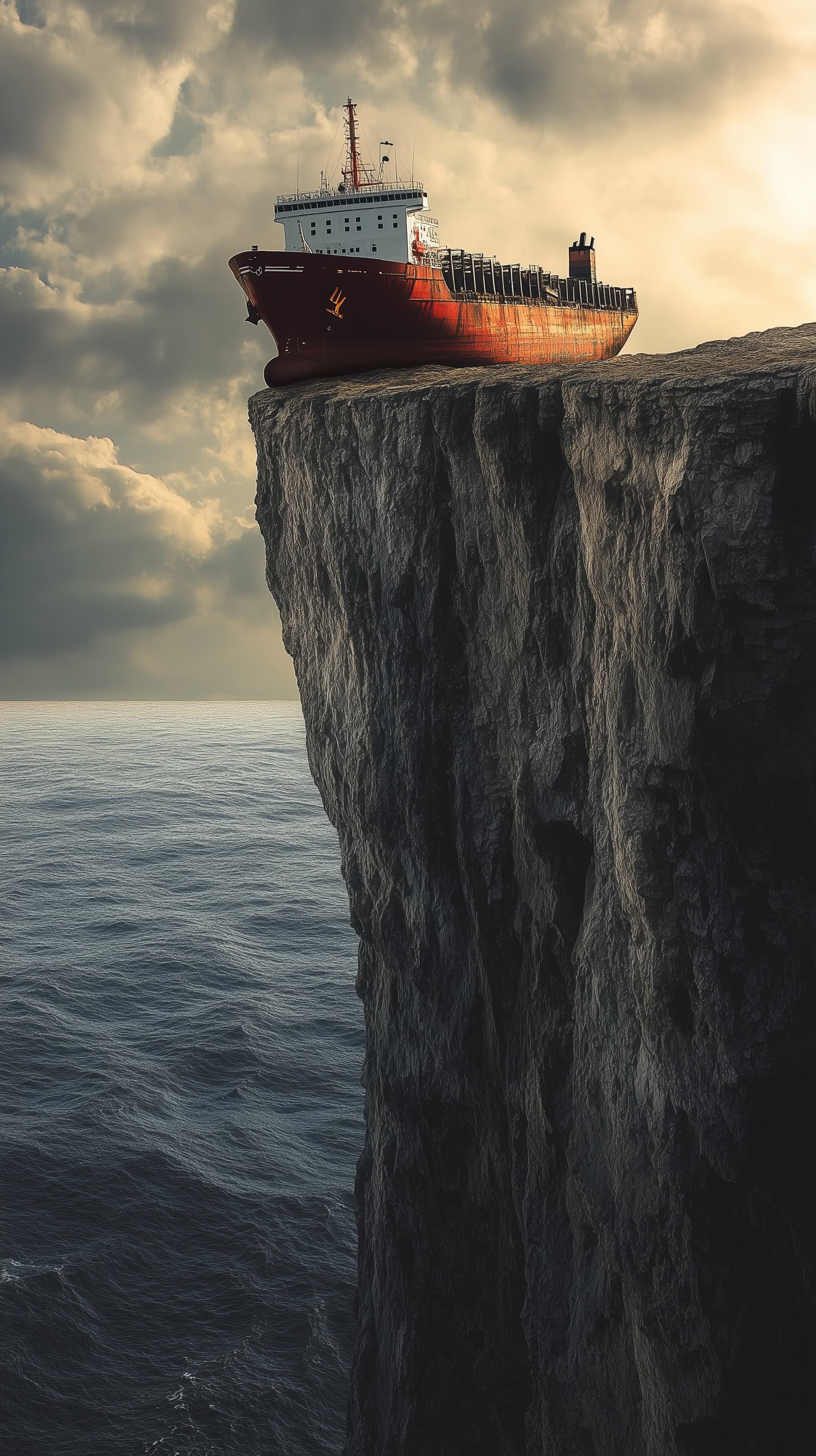 Dramatic cargo ship perched on sheer cliff at sunset - High Resolution cargo-ship Wallpaper for Mobile and Desktop