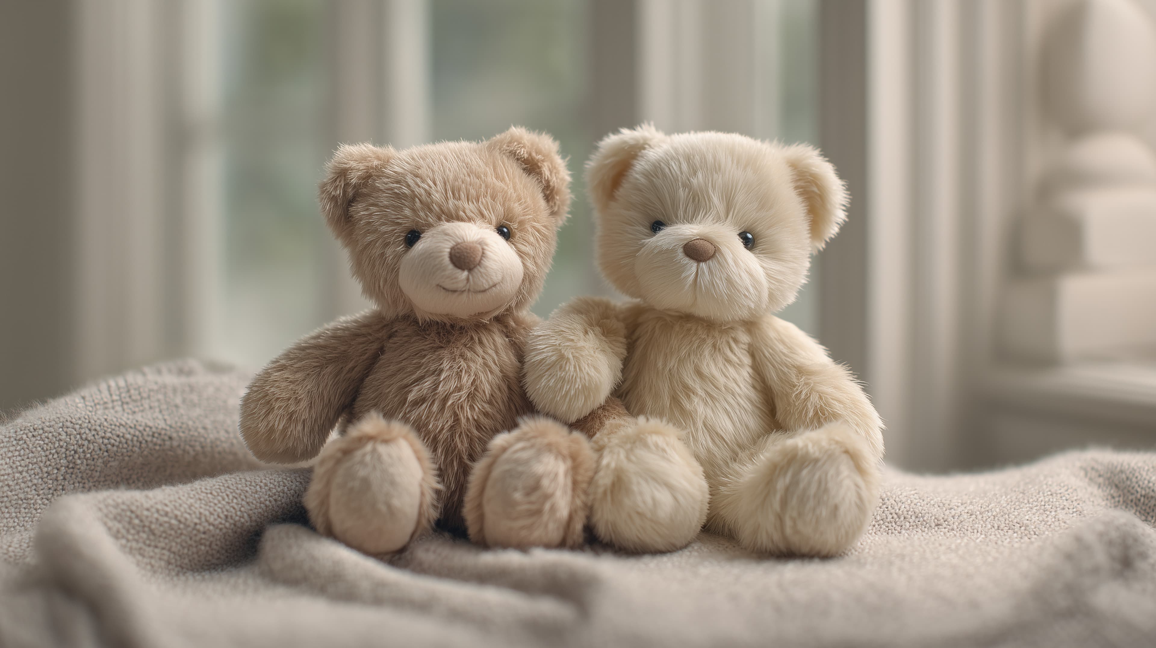 Cozy Plush Teddy Bears on Soft Blanket - Warm Nursery Wallpaper - High Resolution beige-tones Wallpaper for Mobile and Desktop