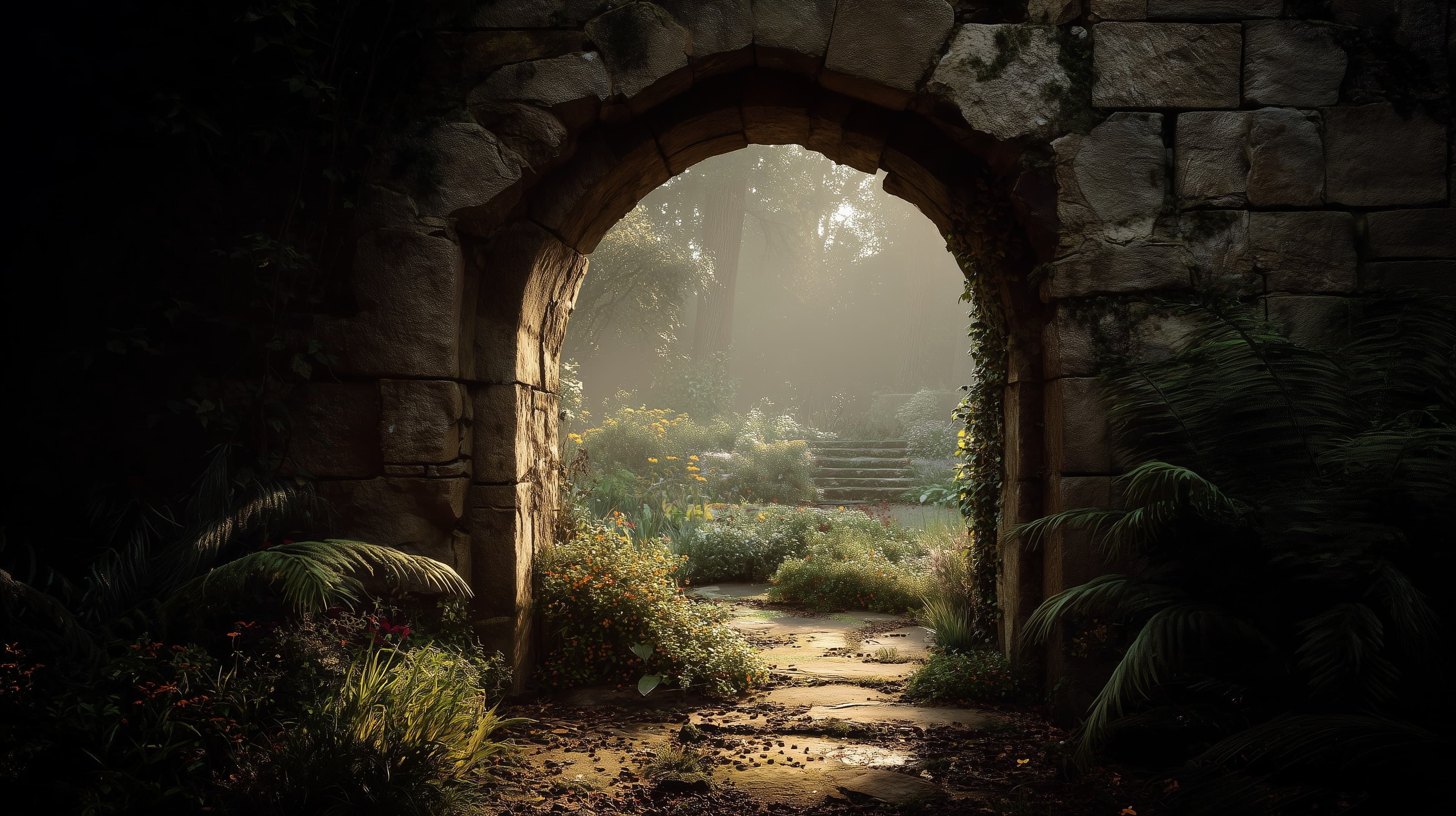 Mistlit Stone Arch Garden Path — Sunlit Forest Courtyard Wallpaper - High Resolution garden Wallpaper for Mobile and Desktop
