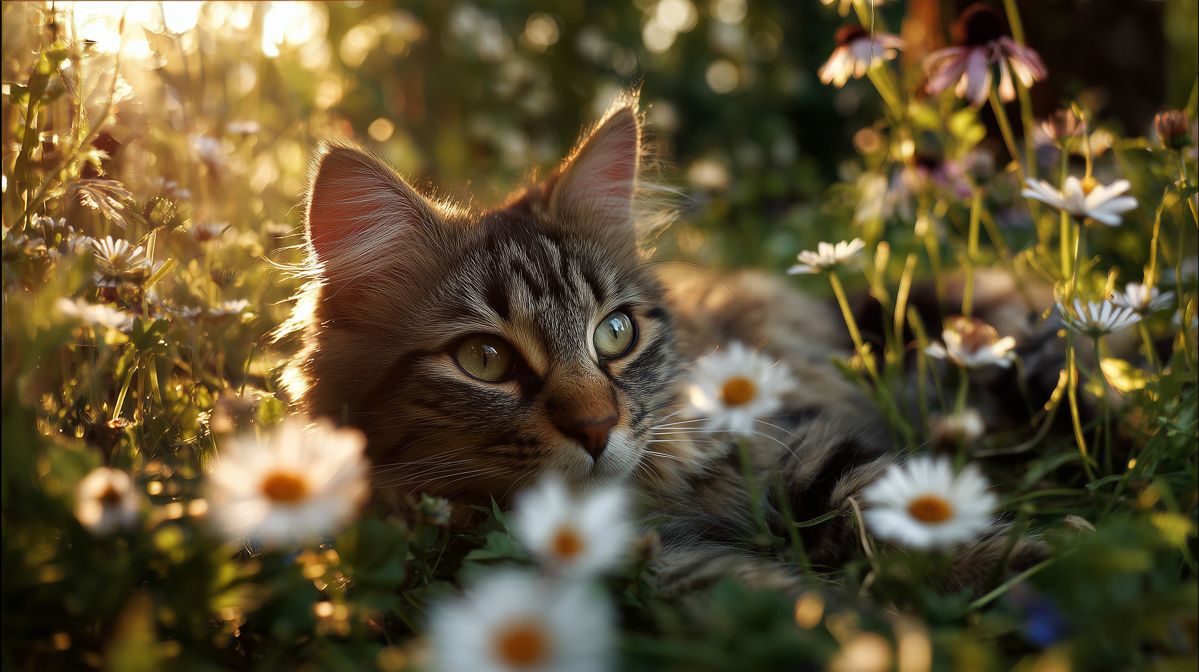 Golden Hour Tabby Cat Resting in a Daisy Field - Serene Wallpaper - High Resolution bokeh Wallpaper for Mobile and Desktop