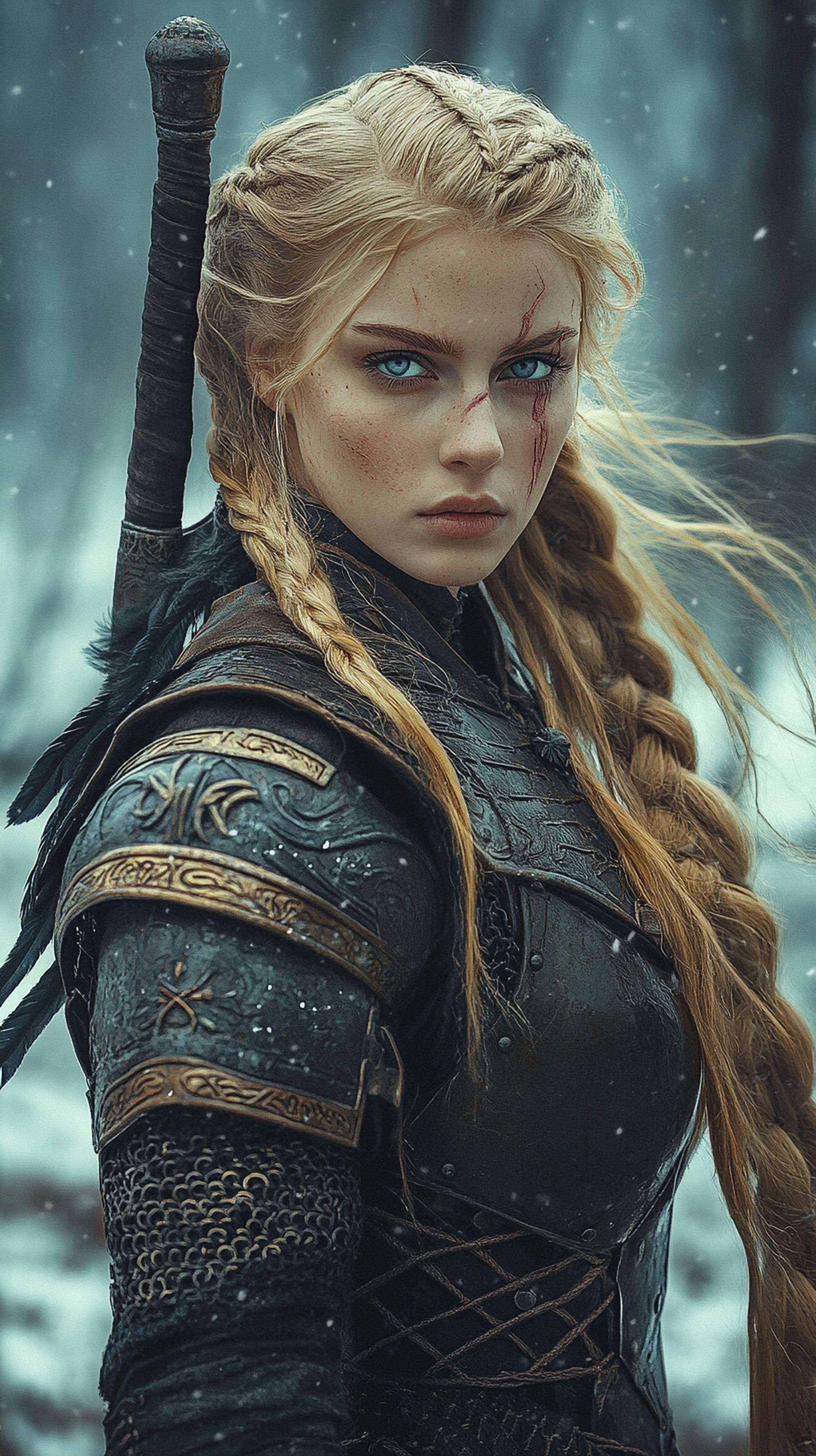 Fierce Winter Warrior in Elaborate Steel Armor, Snow-Soaked - High Resolution armored-fighter Wallpaper for Mobile and Desktop