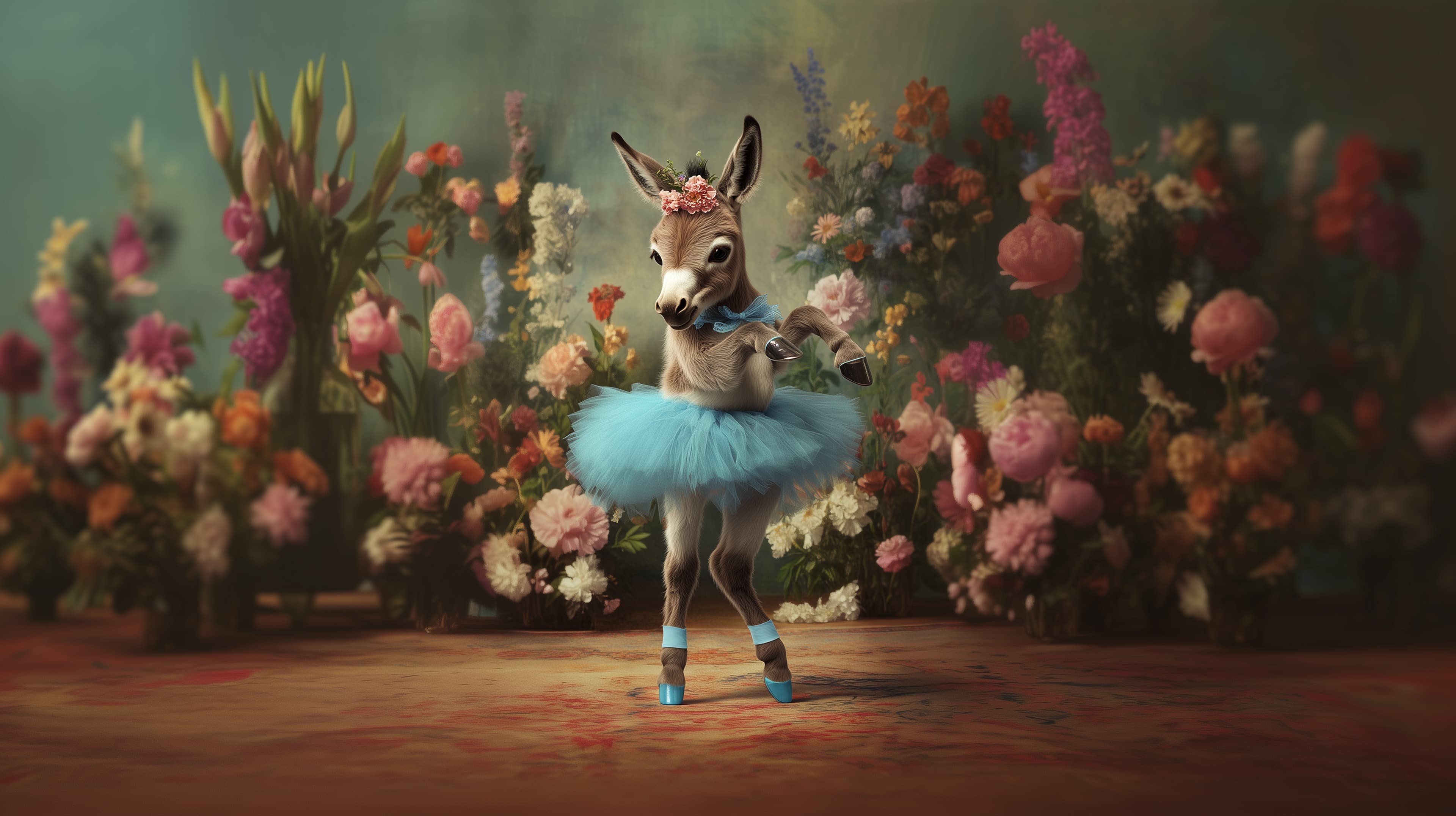 Whimsical Donkey Ballet in a Blooming Garden with Floral Backdrop - High Resolution ballet Wallpaper for Mobile and Desktop