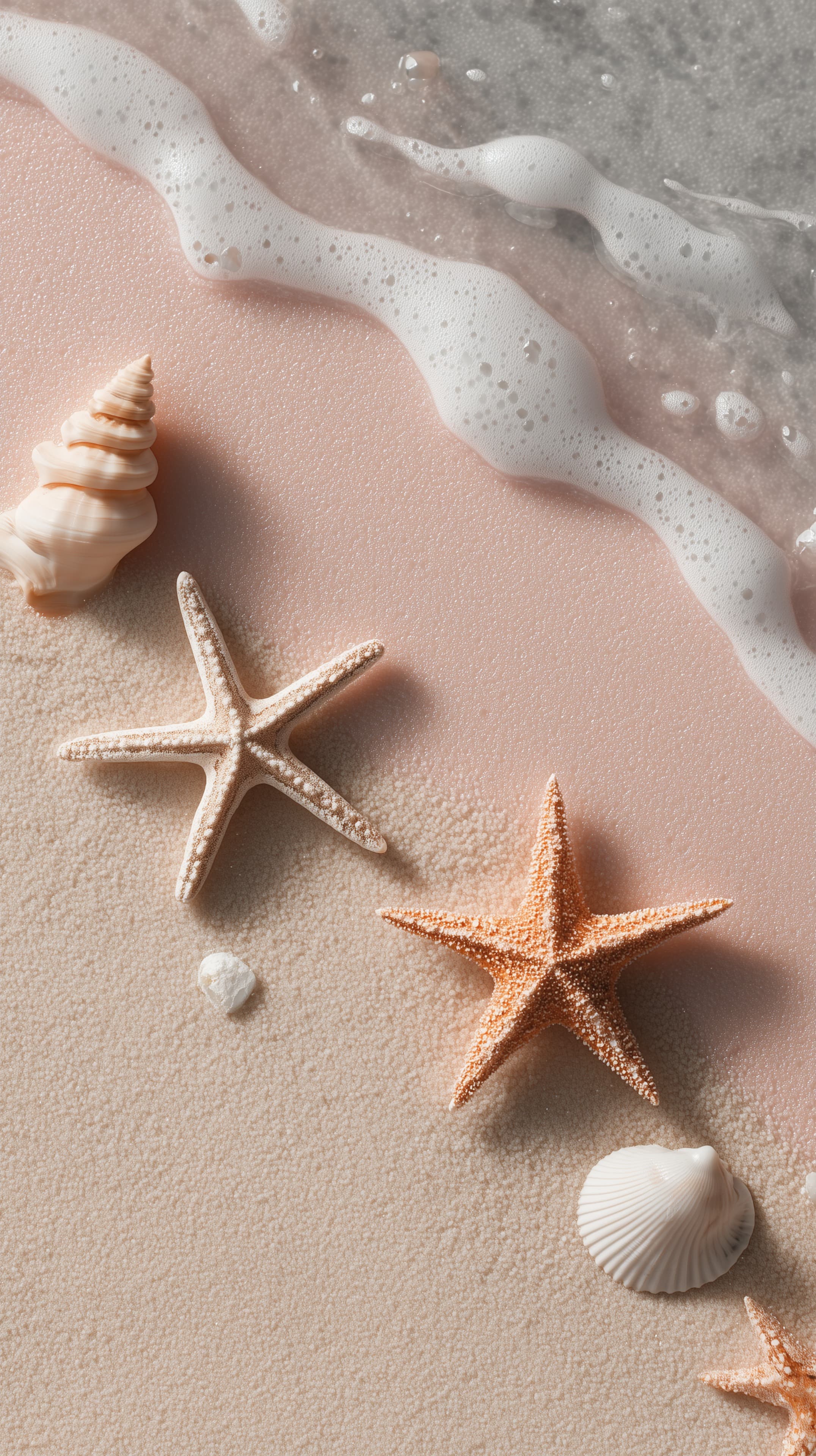 Soft Pink Sand Beach Scene with Seashells and Starfish - High Resolution beach Wallpaper for Mobile and Desktop