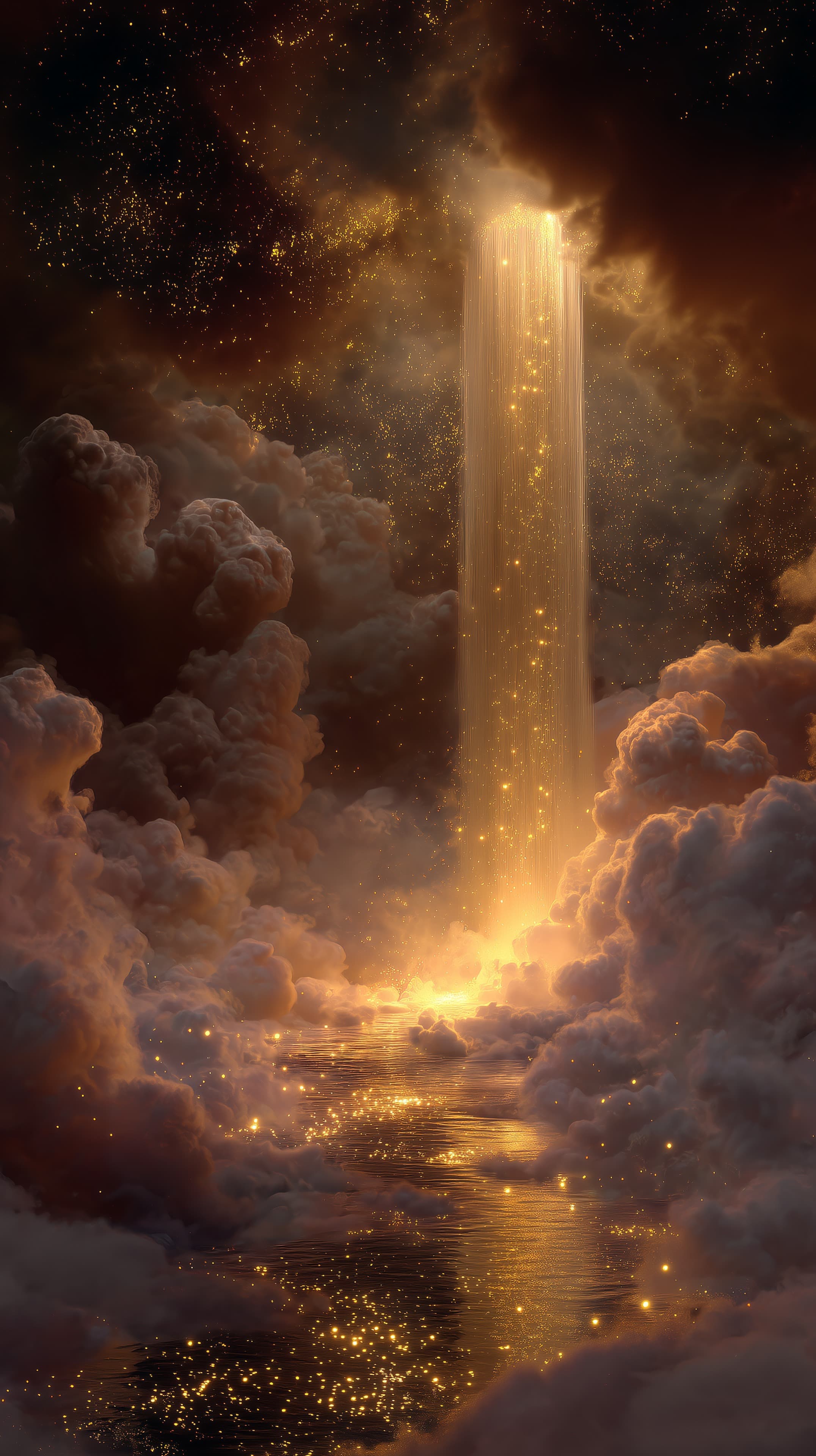 Golden Light Cascade Through Ethereal Clouds - Fantasy Wallpaper - High Resolution celestial-clouds Wallpaper for Mobile and Desktop