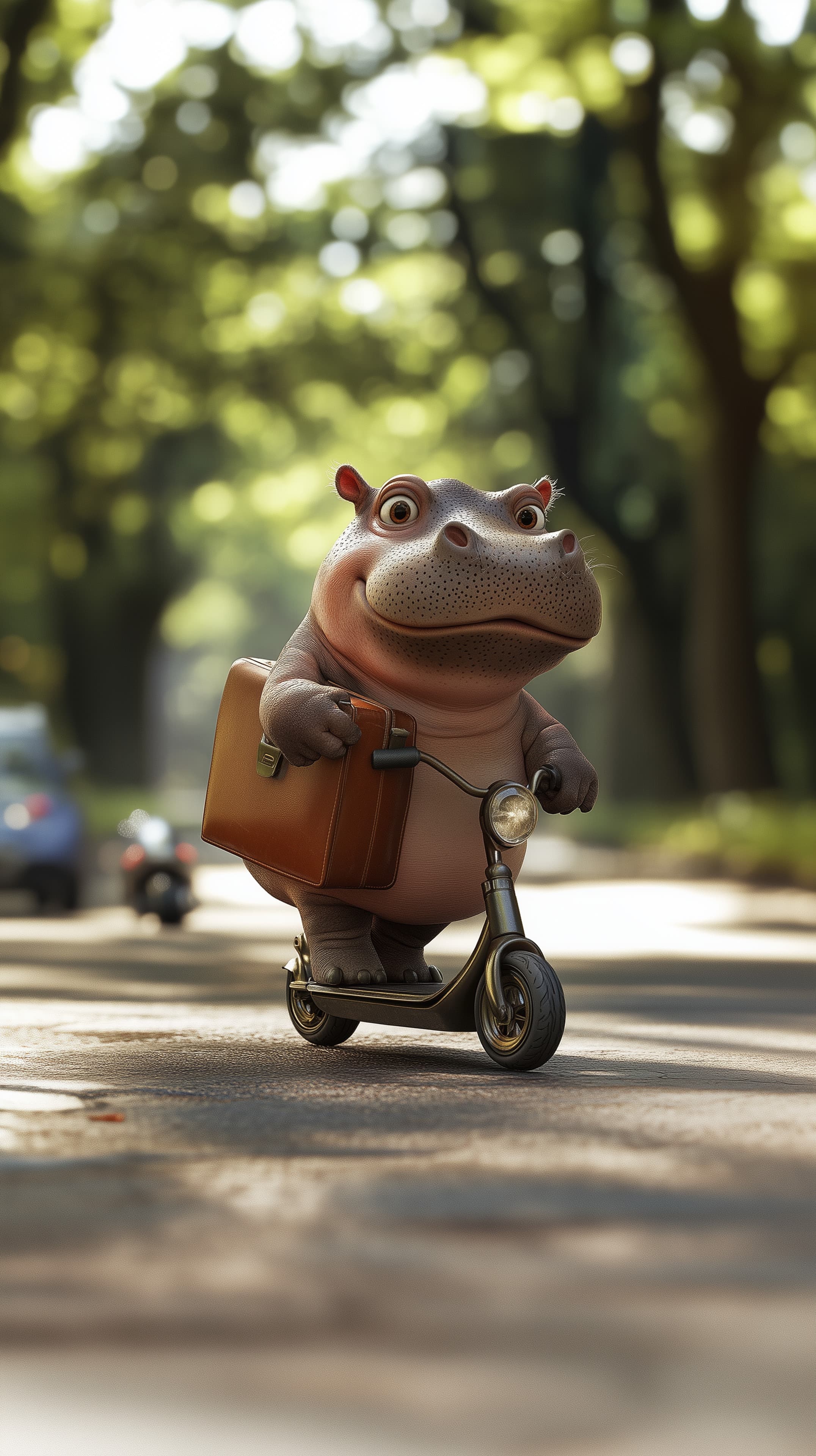 Cute Hippo on a Scooter in Park – Cartoon Wallpaper - High Resolution 3d-animal-artwork Wallpaper for Mobile and Desktop