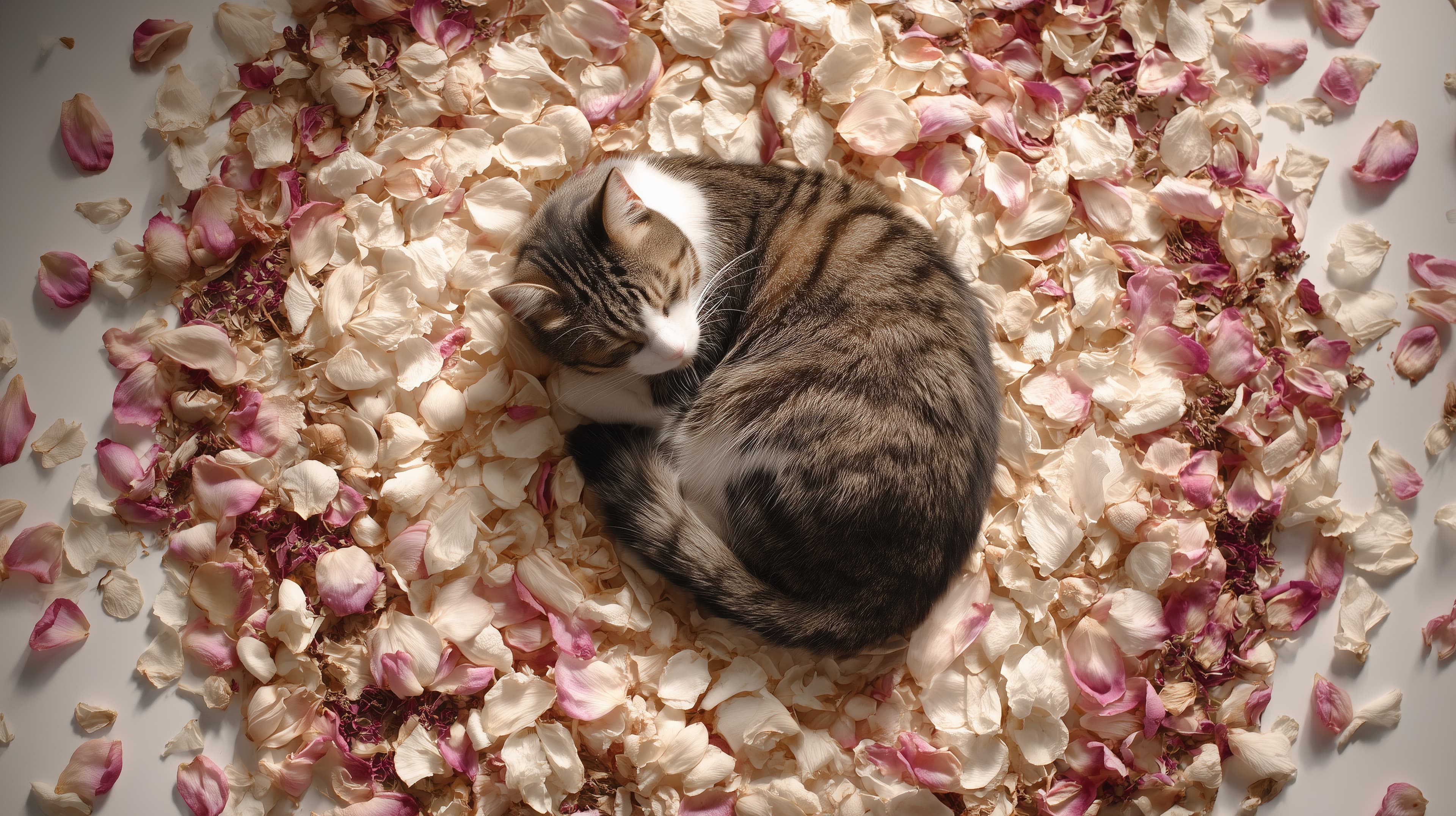 Tranquil Tabby Cat Resting on a Soft Bed of Pink Rose Petals - High Resolution cat Wallpaper for Mobile and Desktop