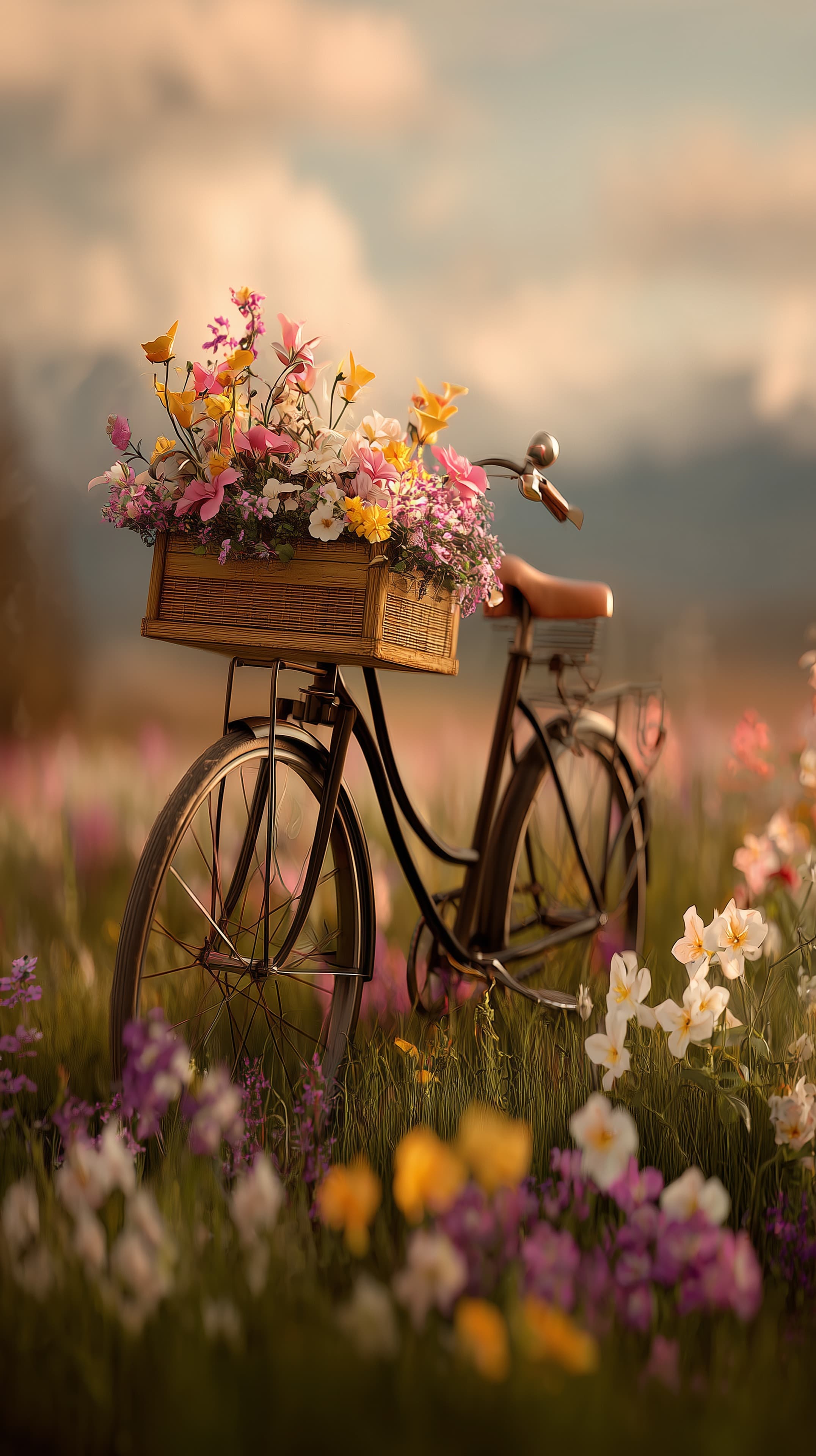 Golden Hour Flower Basket Bicycle in a Dreamy Field - High Resolution basket Wallpaper for Mobile and Desktop
