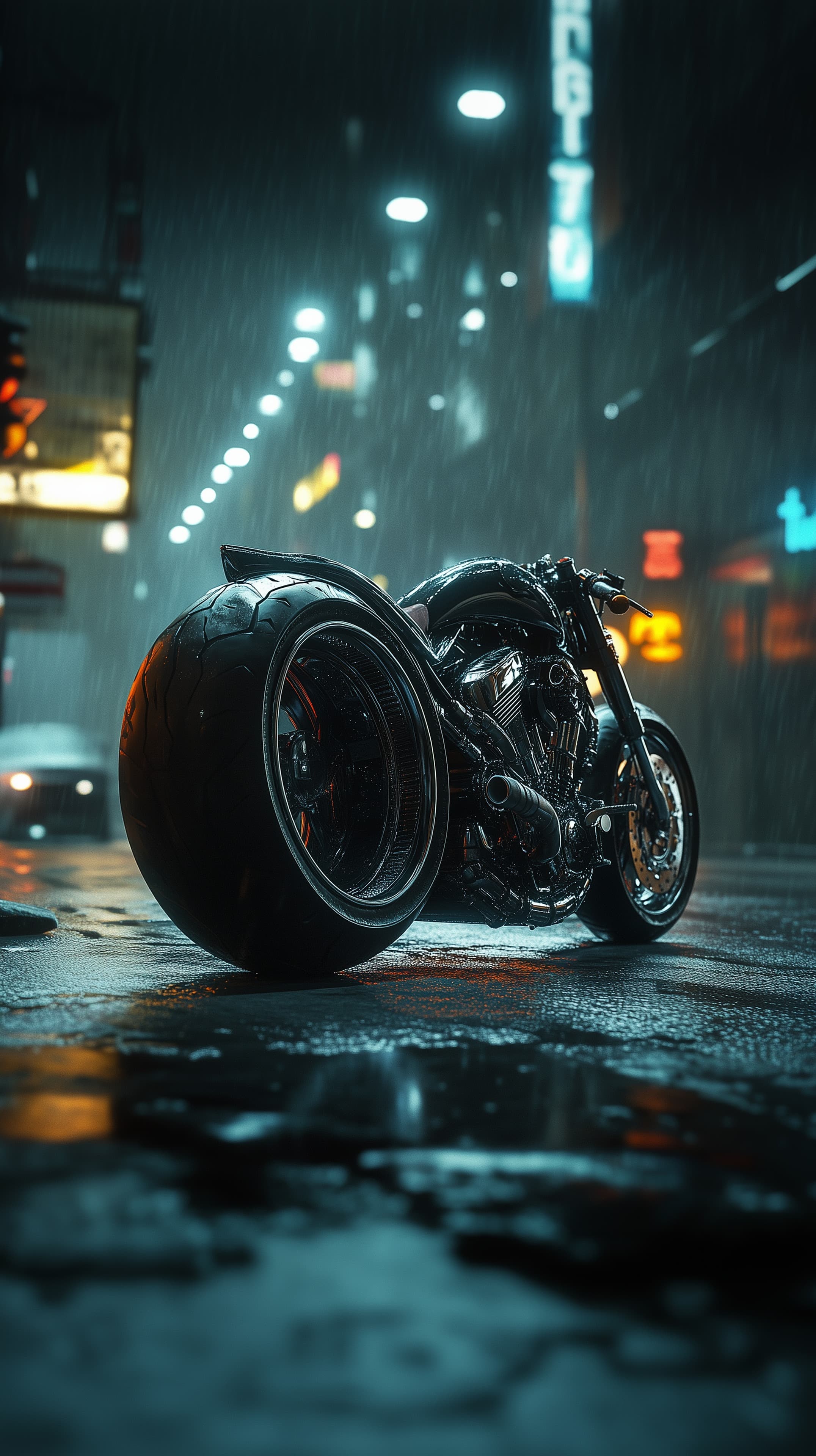 Moody Night Rain Motorcycle in Neon City Streets at Night - High Resolution bokeh Wallpaper for Mobile and Desktop